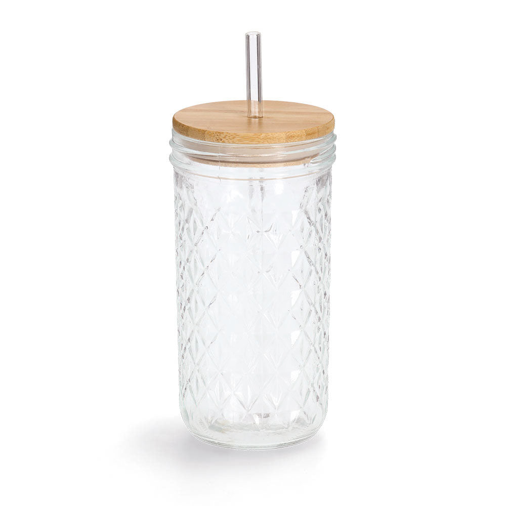 Eco-Friendly 580ml Drinking Jar with Bamboo Lid & Glass Straw - Perfect for Iced Coffee, Smoothies & On-the-Go Hydration