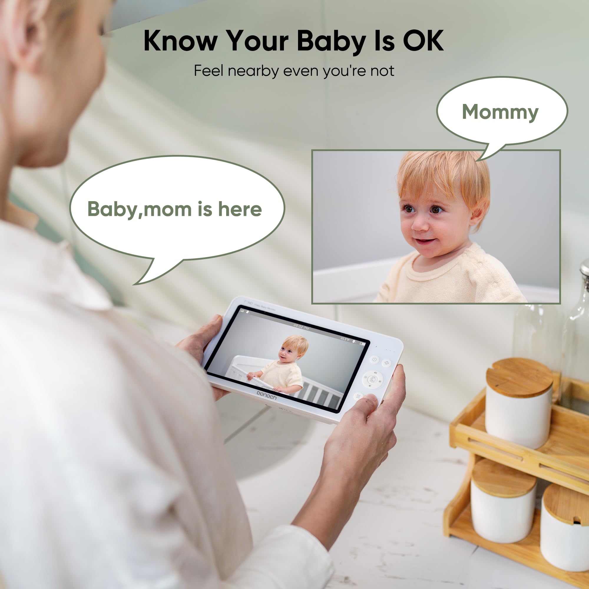 Bonoch 7 Inch Baby Monitor with Camera - 720P HD Video, 6000mAh Battery, Night Vision, 2-Way Audio, Remote PTZ, VOX Mode, Temp Sensor & 8 Lullabies | Ideal for Nursery, Bedroom & Travel Baby Monitoring