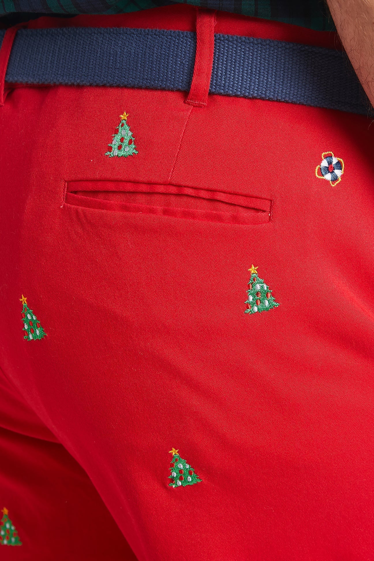 Stretch Twill Harbor Pants in Bright Red - Festive Christmas Tree Design for Holiday Parties & Casual Wear