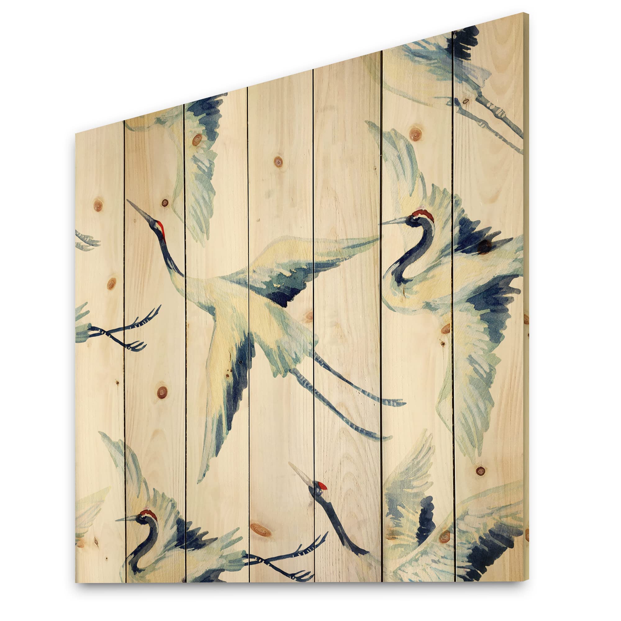 Asian Crane Bird Traditional Wood Wall Decor - Blue Wood Wall Art Handmade from Natural Pine - Large Animal Wood Panels for Home, Office & Zen Decor