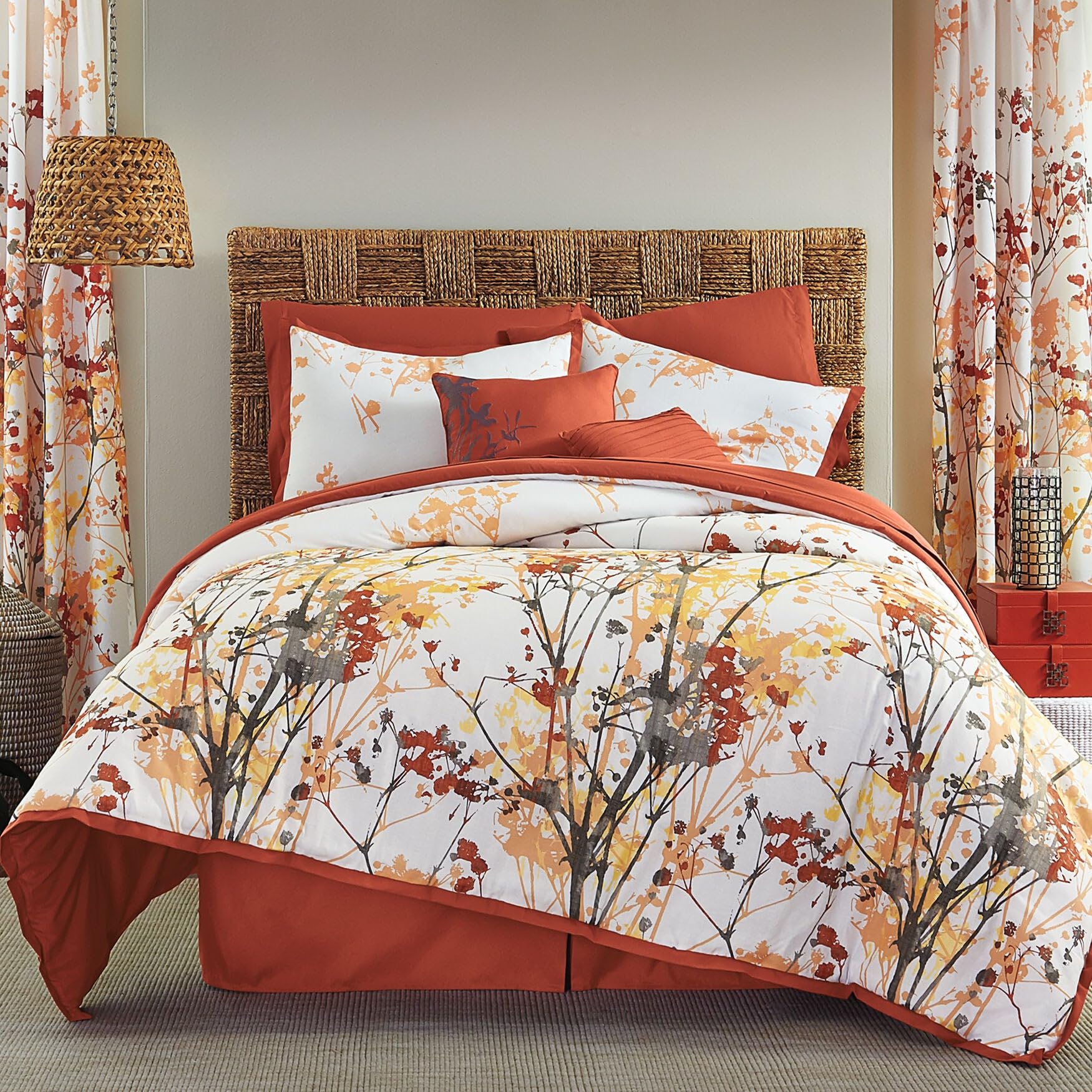 BrylaneHome Funky Floral 6-Piece Queen Comforter Set in Orange & Grey - Perfect for Bedroom Decor, Guest Room, and Dorm Room Styling