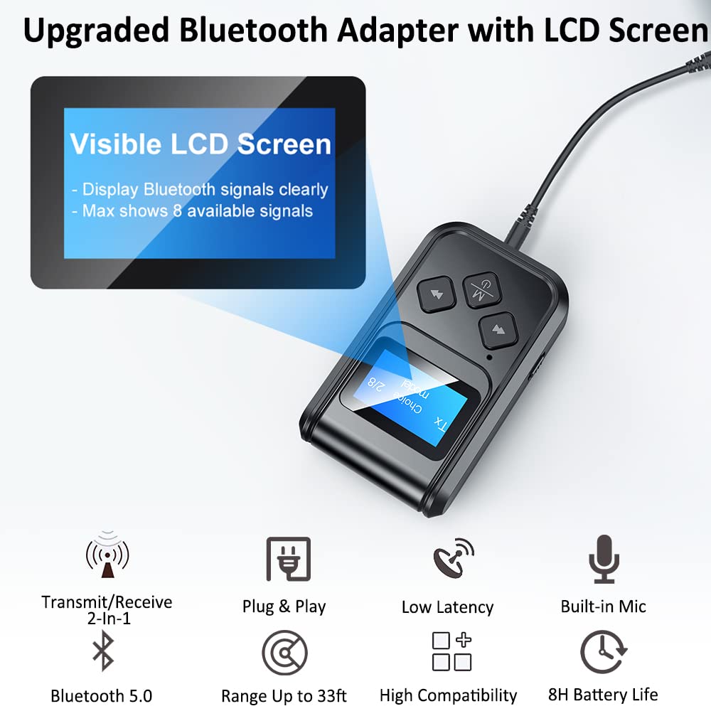 2-in-1 Bluetooth 5.0 Transmitter and Receiver with LCD Screen - Wireless Audio Adapter for TV, PC, Car Hands-Free Calling - Low Latency & Lossless Sound Quality - Perfect for Home Theater, Gaming, and Car Audio Systems