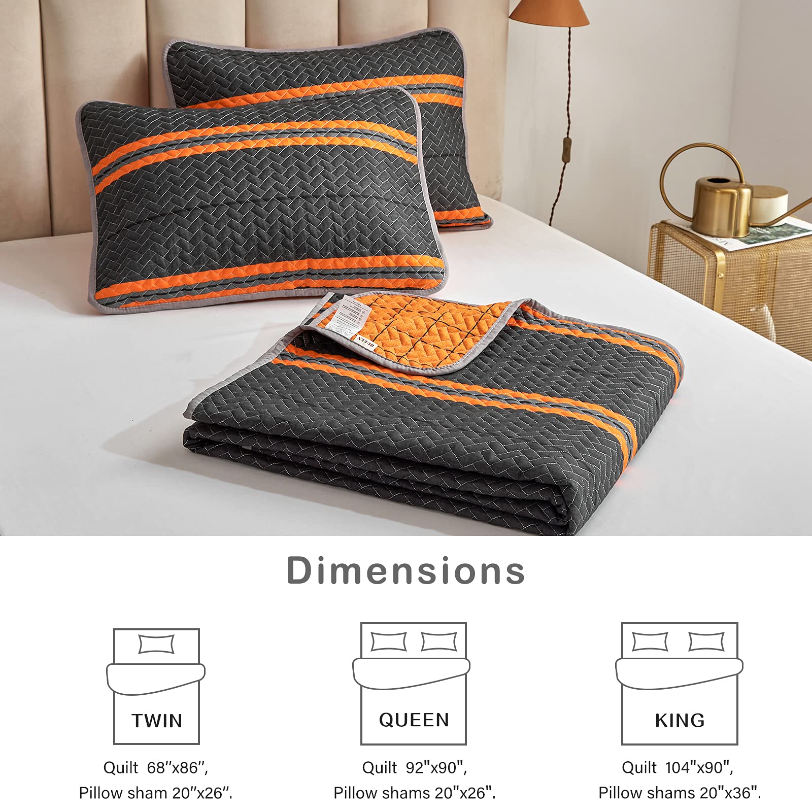 Flysheep Modern Boho Halloween King Size Quilt Set - 3 Piece Bright Orange Striped Black Bedspread, Soft Microfiber All Season Coverlet (1 Quilt + 2 Pillow Shams) for Bedroom Decor, Guest Room & Holiday Home Styling