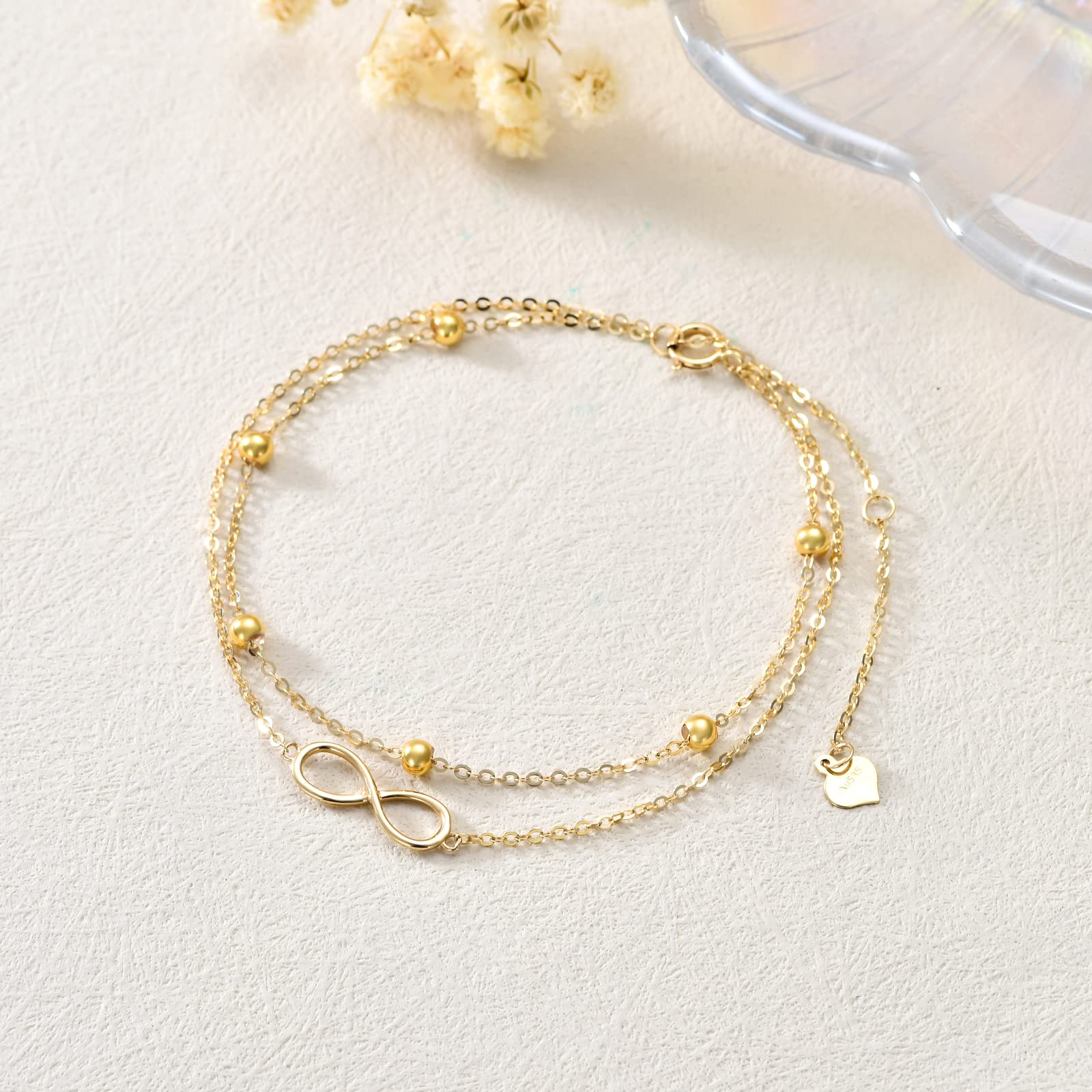 14K Solid Gold Infinity Bracelet for Women - Real Gold Layered Bead Bracelet, Fine Jewelry Gift for Her, Mom, Wife - Anniversary, Birthday, Mother's Day Gift - Adjustable 6.5+2 Inches - Perfect for Date Nights, Weddings & Special Occasions