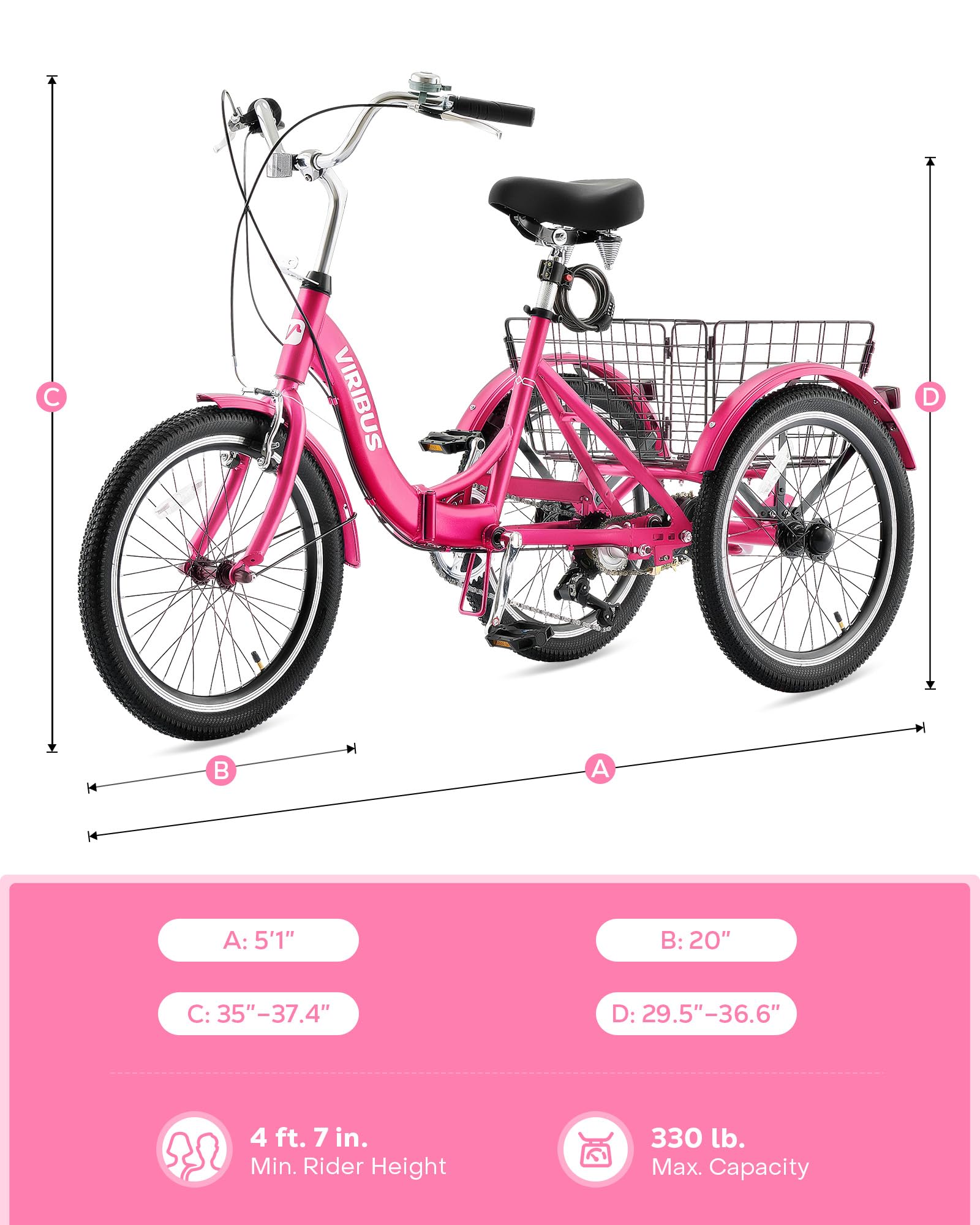 Viribus 20 Inch Folding Adult Tricycle - 1 or 7 Speed 3 Wheel Bike with Lock, Foldable Trike for Men, Women & Seniors (330lb Capacity) - Perfect for Commuting, Shopping & Senior Recreation