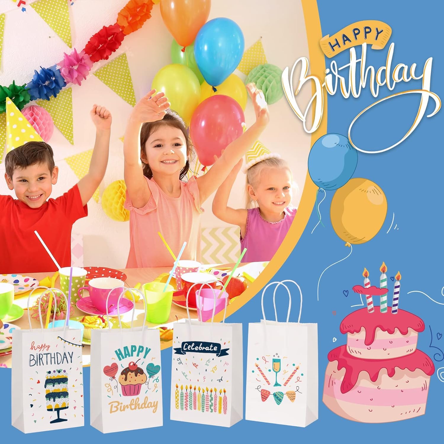 Aakriti Kraft Paper Gift Bags with Handles - 7x3.5x8.5 Inch White Small Shopping Bags Bulk (Pack of 25) - Perfect for Birthday, Wedding, Party Favors, Retail & Merchandise Packaging