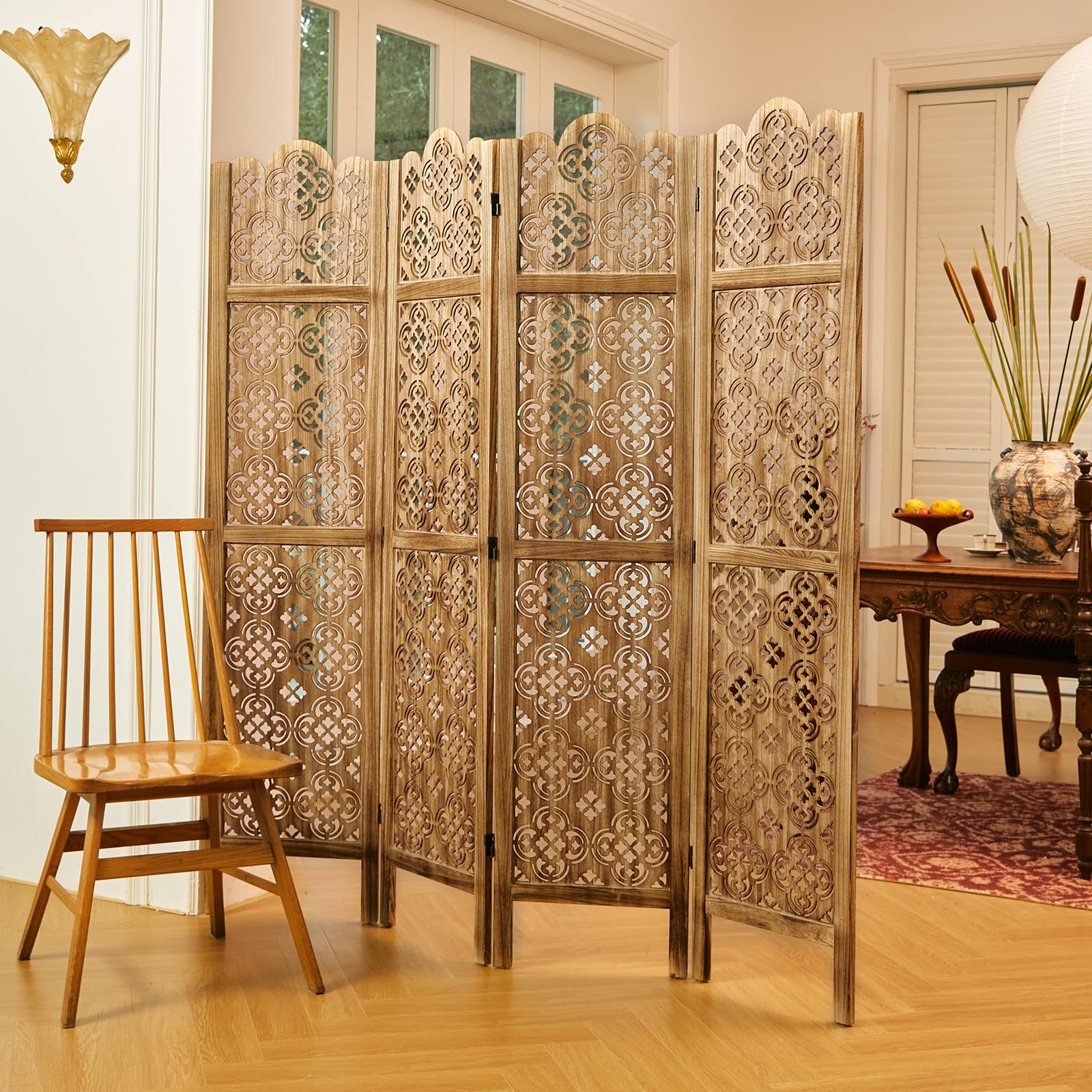 5.75Ft Wood Carved Room Divider - 4 Panel Folding Partition Screen for Home, Office, Garden & Terrace | Portable Indoor Privacy Screen in Antique Brown | Perfect for Space Separation, Decoration & Room Dividers