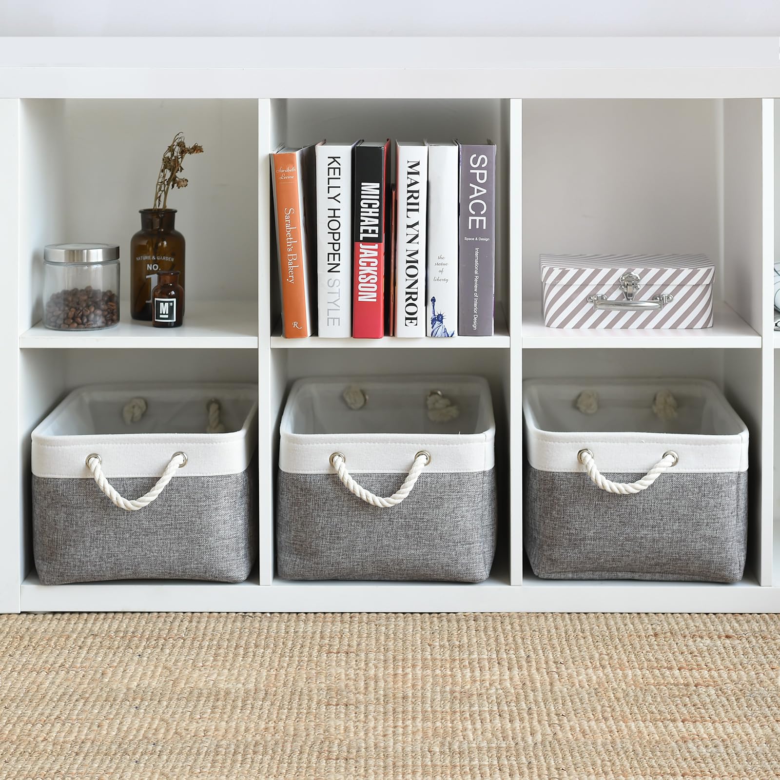 TheWarmHome Large Collapsible Storage Baskets 3-Pack - 15.7x11.8x8.2 Inch Fabric Storage Bins for Shelves, Closet, Linen & Home Organization (White & Grey) - Perfect for Bedroom, Bathroom, Nursery & Gift Wrapping Storage