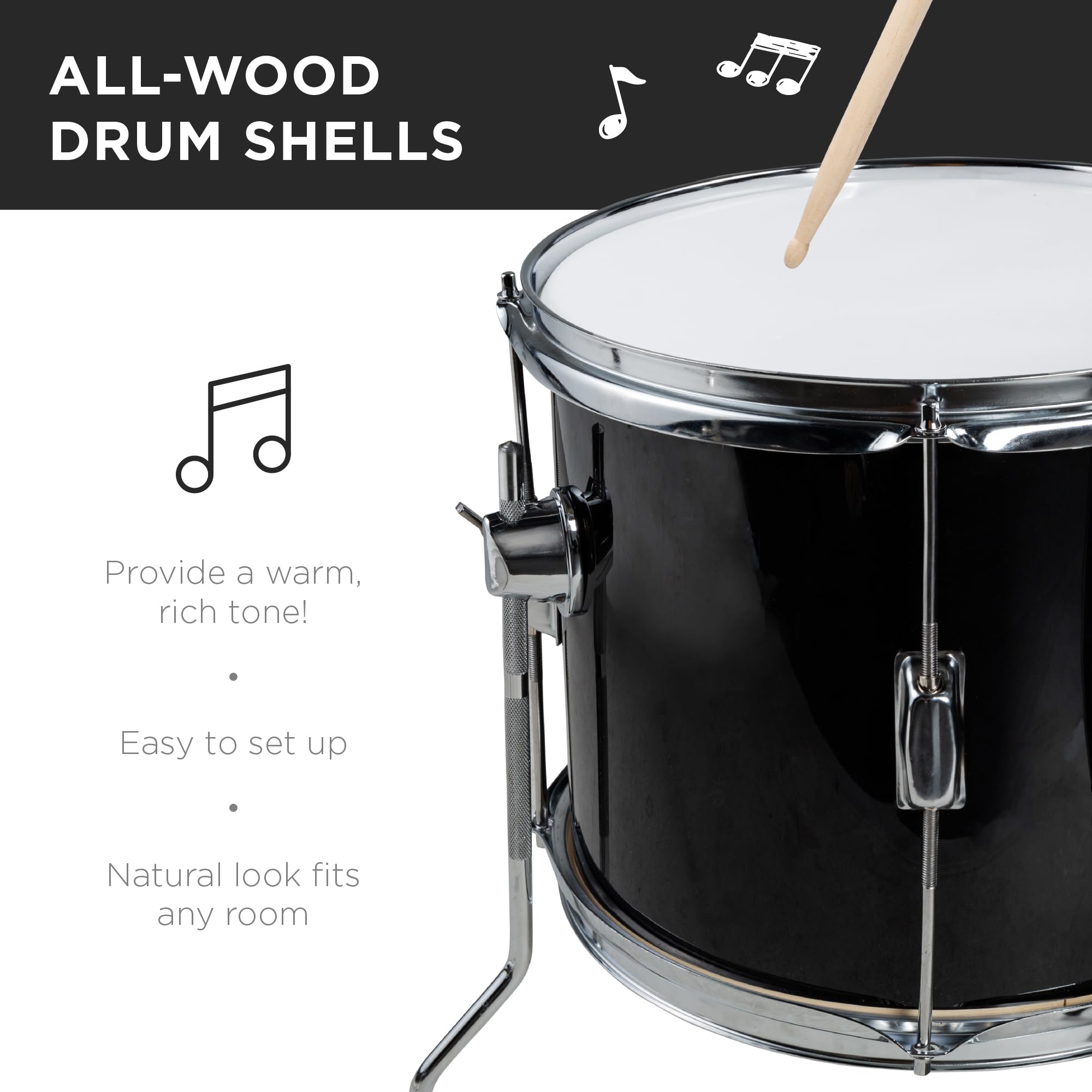 Best Choice Products 5-Piece 16in Kids Drum Set - Junior Drum Kit with Cymbals, Pedal, Drumsticks, Stool, Toms, Snare & Hi-Hat - Perfect Beginner Percussion Set for Children (Black) | Ideal for Home Practice, Music Lessons & Early Childhood Development
