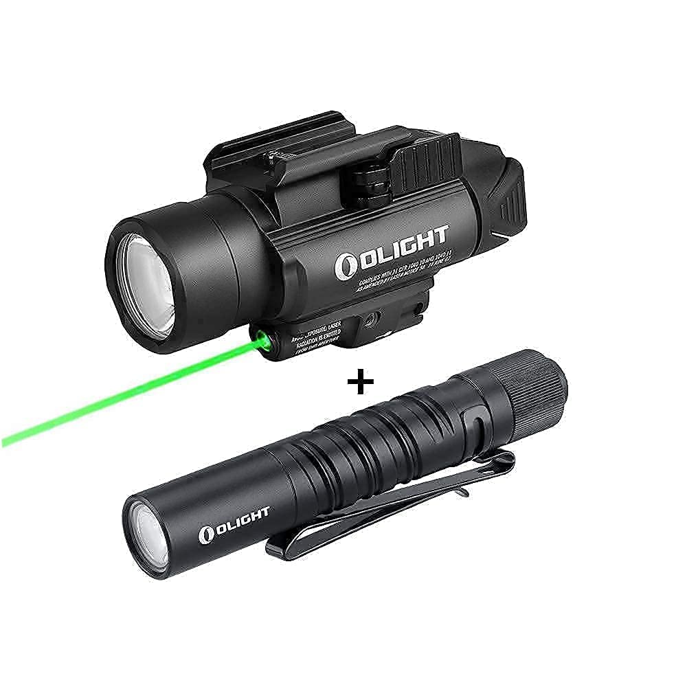 OLIGHT Baldr Pro 1350 Lumens Tactical Weapon Light with Green Beam & I3T EOS 180 Lumens EDC Flashlight Bundle - Compact Pistol Light for Home Defense, Hunting, Camping & Outdoor Adventures