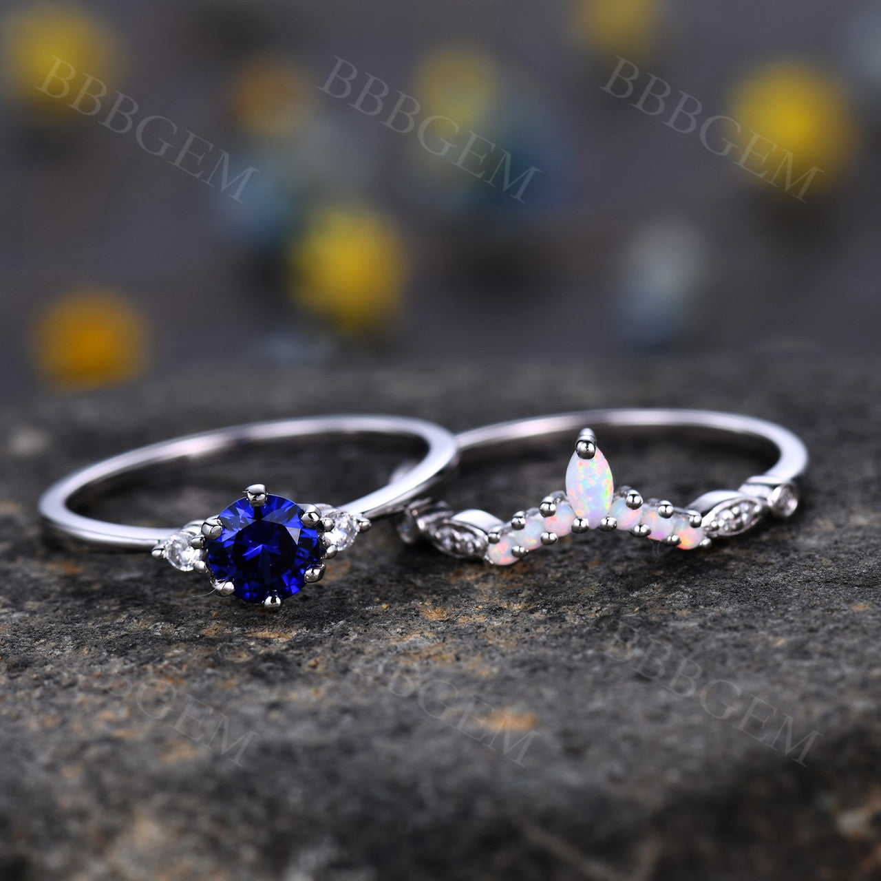 Sapphire Selene Diamond Ring & Opal Stackable Band Set – 2-Piece Wedding & Anniversary Jewelry for Women | Perfect for Bridal, Engagement, and Special Occasions