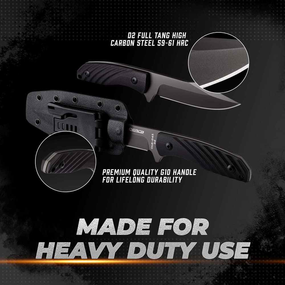 OERLA OLK-D45 Tactical Survival Knife - D2 High Carbon Steel Fixed Blade with Kydex Sheath | G10 Handle & Belt Clip | Outdoor Camping, Hunting, Bushcraft & EDC Tactical Gear