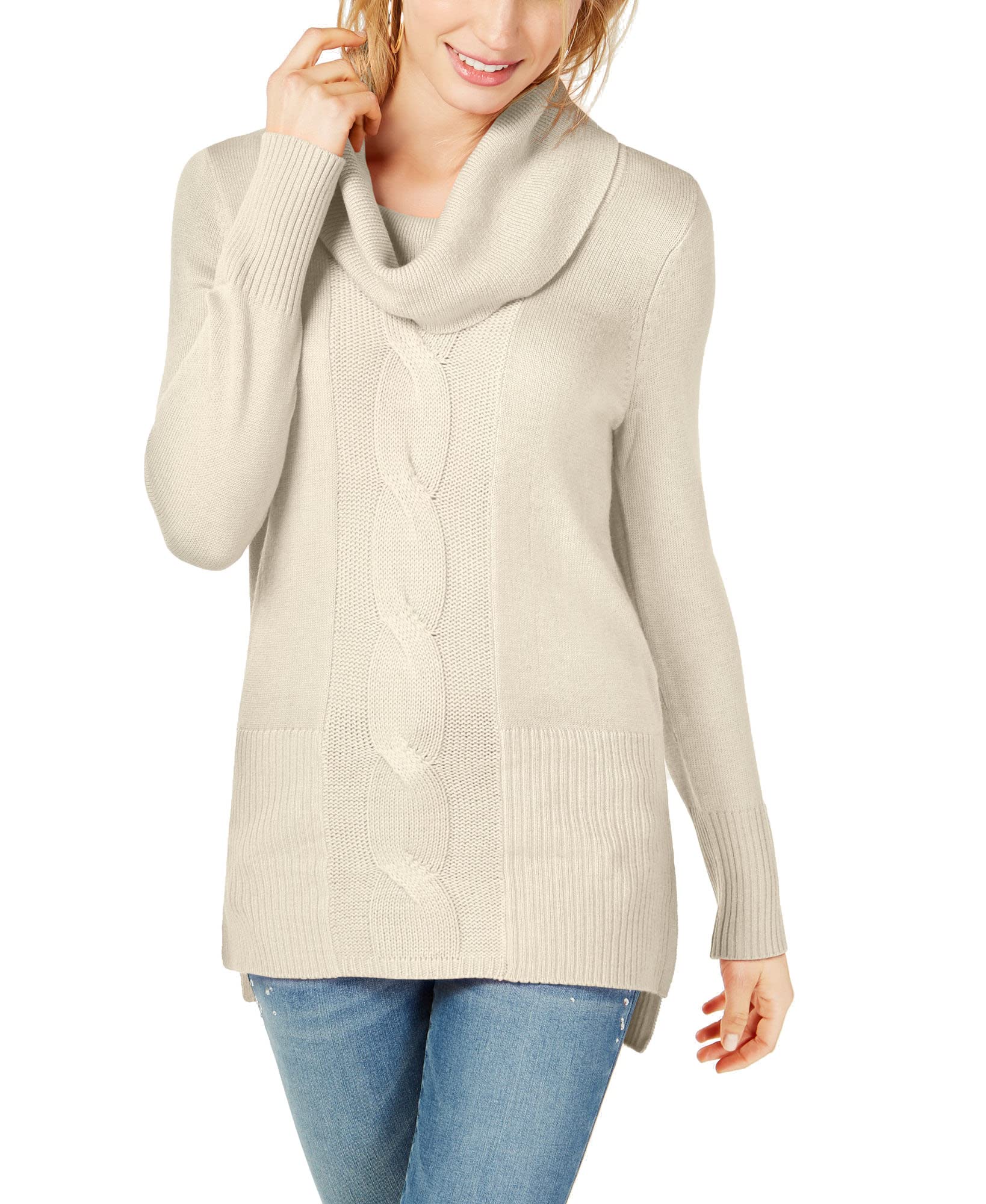 INC International Concepts Women's Cable Knit Tunic Sweater - Buttercream (Large) | Casual Long Sleeve Pullover for Fall & Winter | Perfect for Office, Date Night and Weekend Outfits