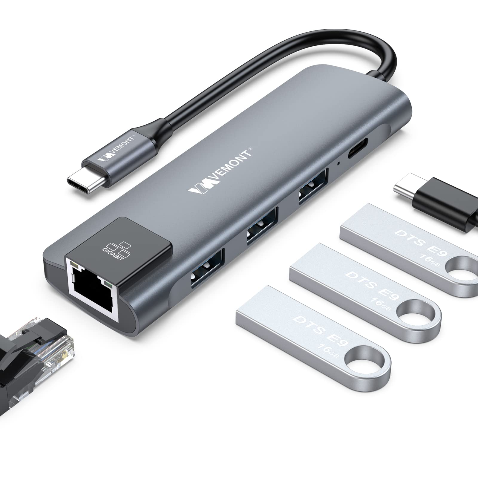 VEMONT 5-in-1 USB C Hub with Gigabit Ethernet, 3 USB 3.0 Ports, 100W Power Delivery - Multiport Adapter for MacBook, iPad, Laptop & USB-C Devices - Perfect for Home Office, Remote Work & Travel
