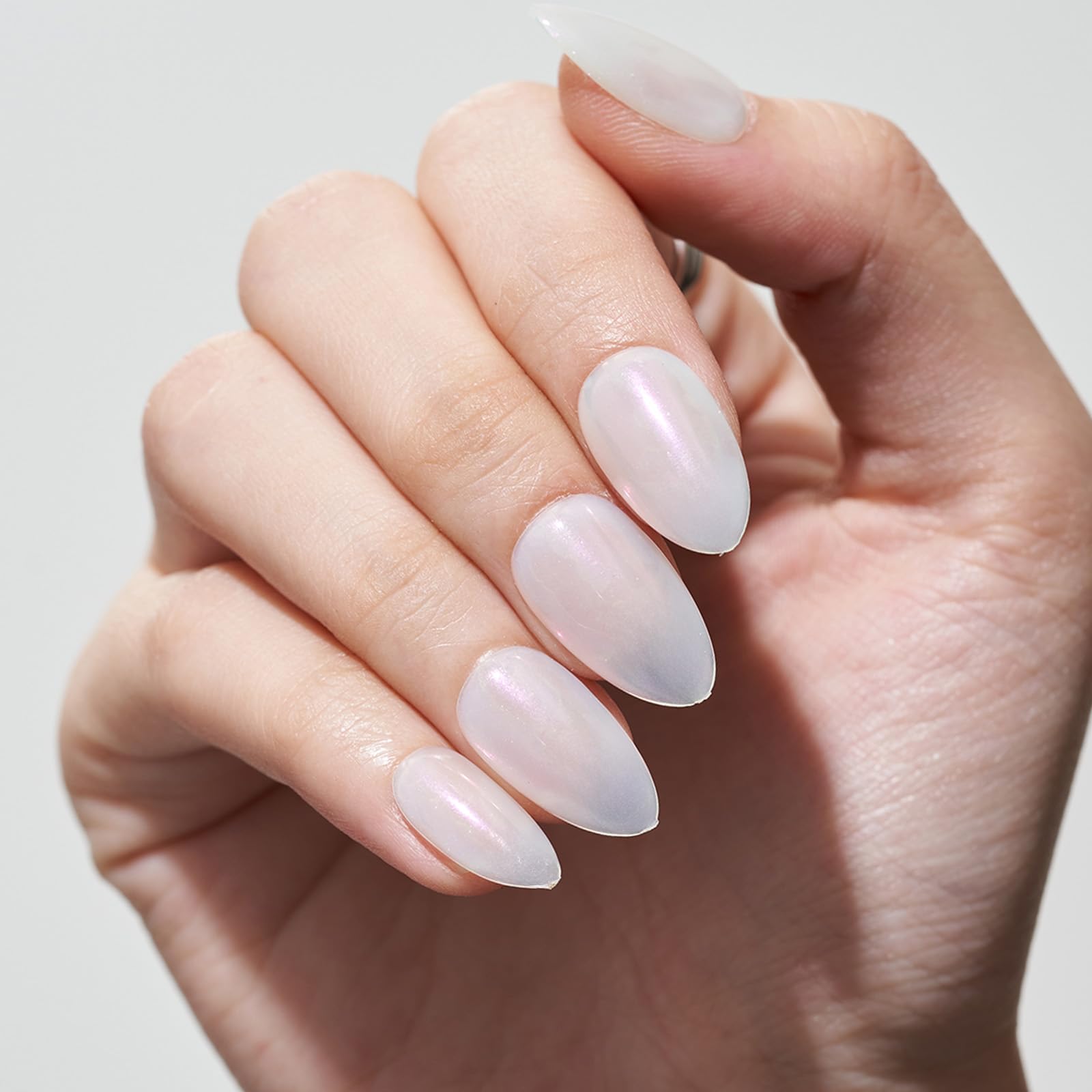 GLAMERMAID Short Almond Press on Nails - 24Pcs White Pearl Mermaid Chrome Fake Nails with Glossy UV Finish | Reusable Acrylic False Nails Manicure Kit for Women | Perfect for Spring Parties, Weddings & Everyday Glam