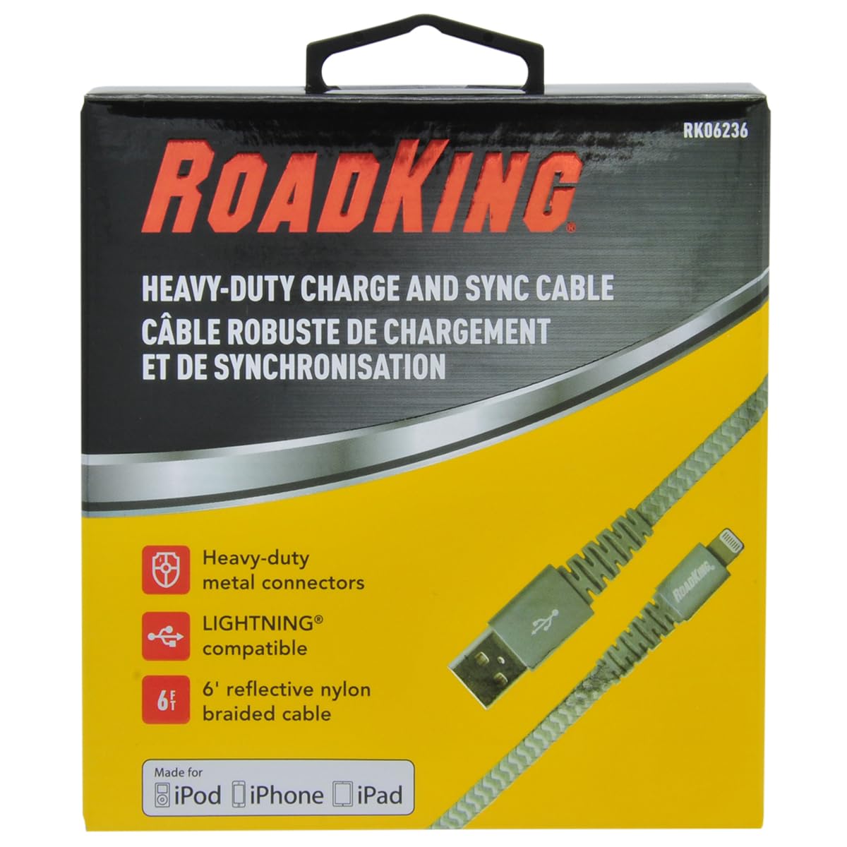 RoadKing Lightning® Compatible Charge and Sync Cable - 6ft Reflective Braided Heavy-Duty Nylon Cord for iPhone, iPad (Silver) | Fast Charging & Data Transfer | Perfect for Travel, Home, Office & Outdoor Use