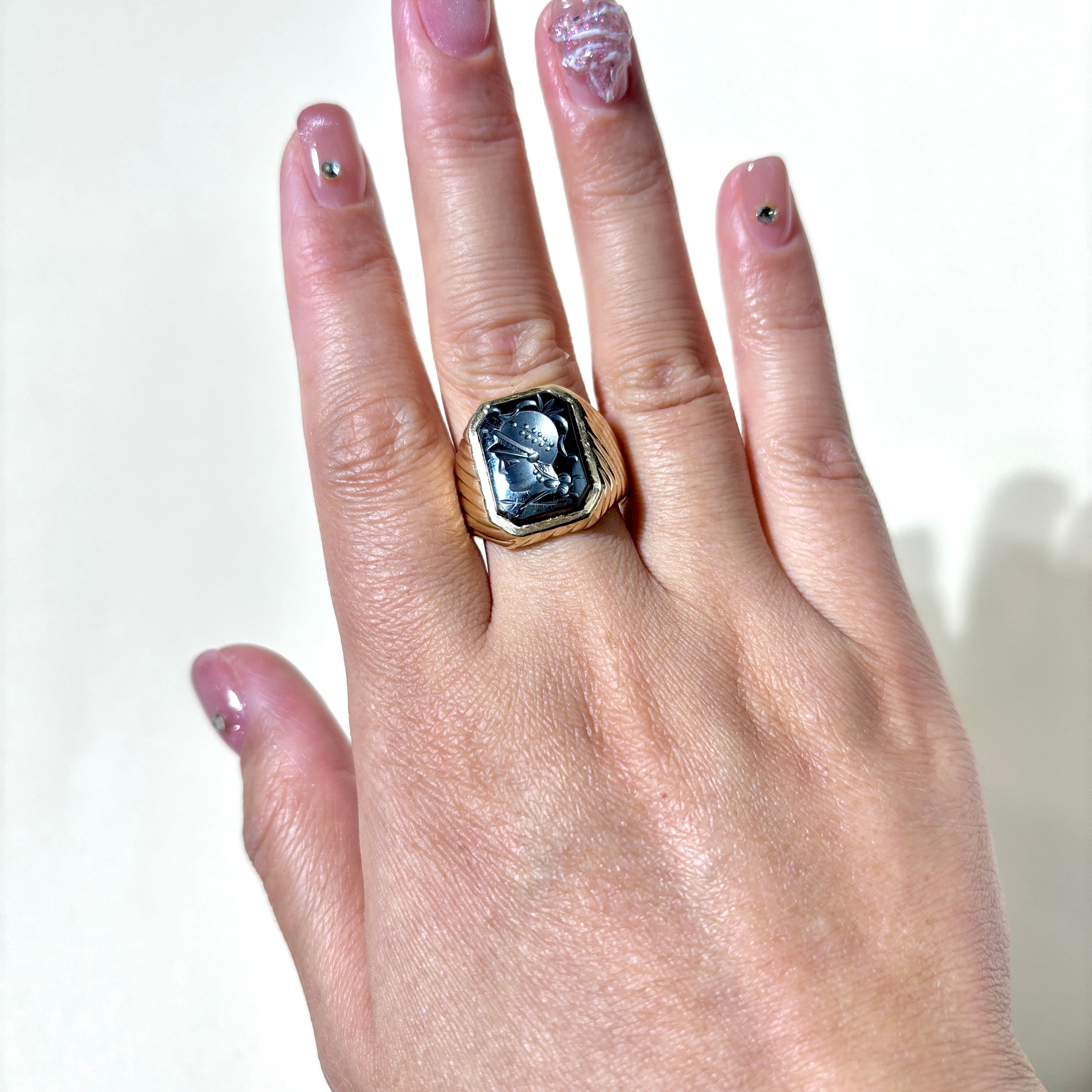 10K Yellow Gold Carved Hematite Ring for Women | 4.70ct Genuine Hematite Stone | Size 9.25 | Elegant Jewelry Gift for Birthday, Anniversary & Special Occasions