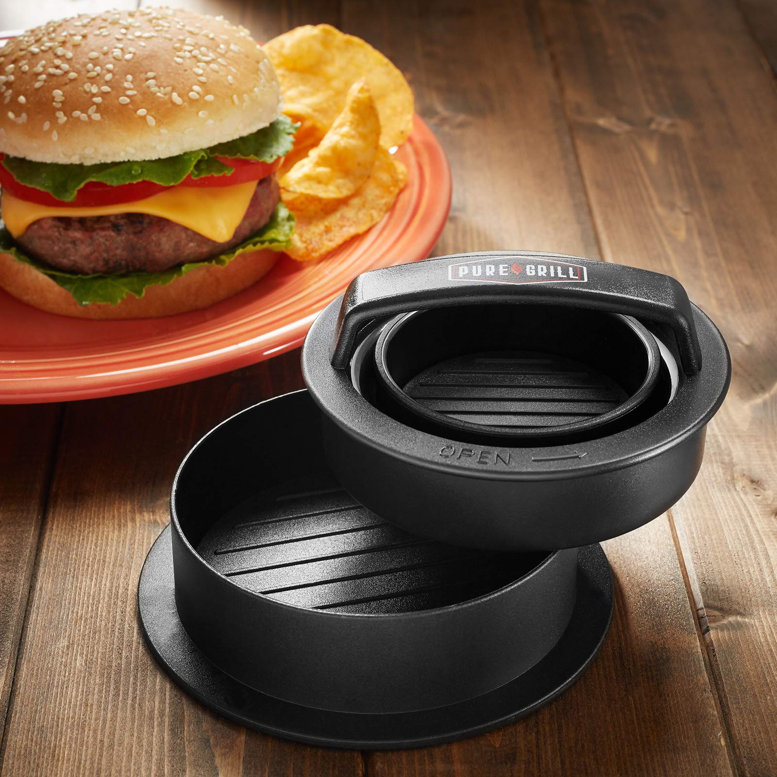 Pure Grill 3-in-1 Burger Press & Patty Maker with 100 Wax Papers - Perfect for BBQ, Grilling Hamburgers, Beef Patties, and Sliders | Ideal for Backyard Cookouts, Picnics, and Family Gatherings