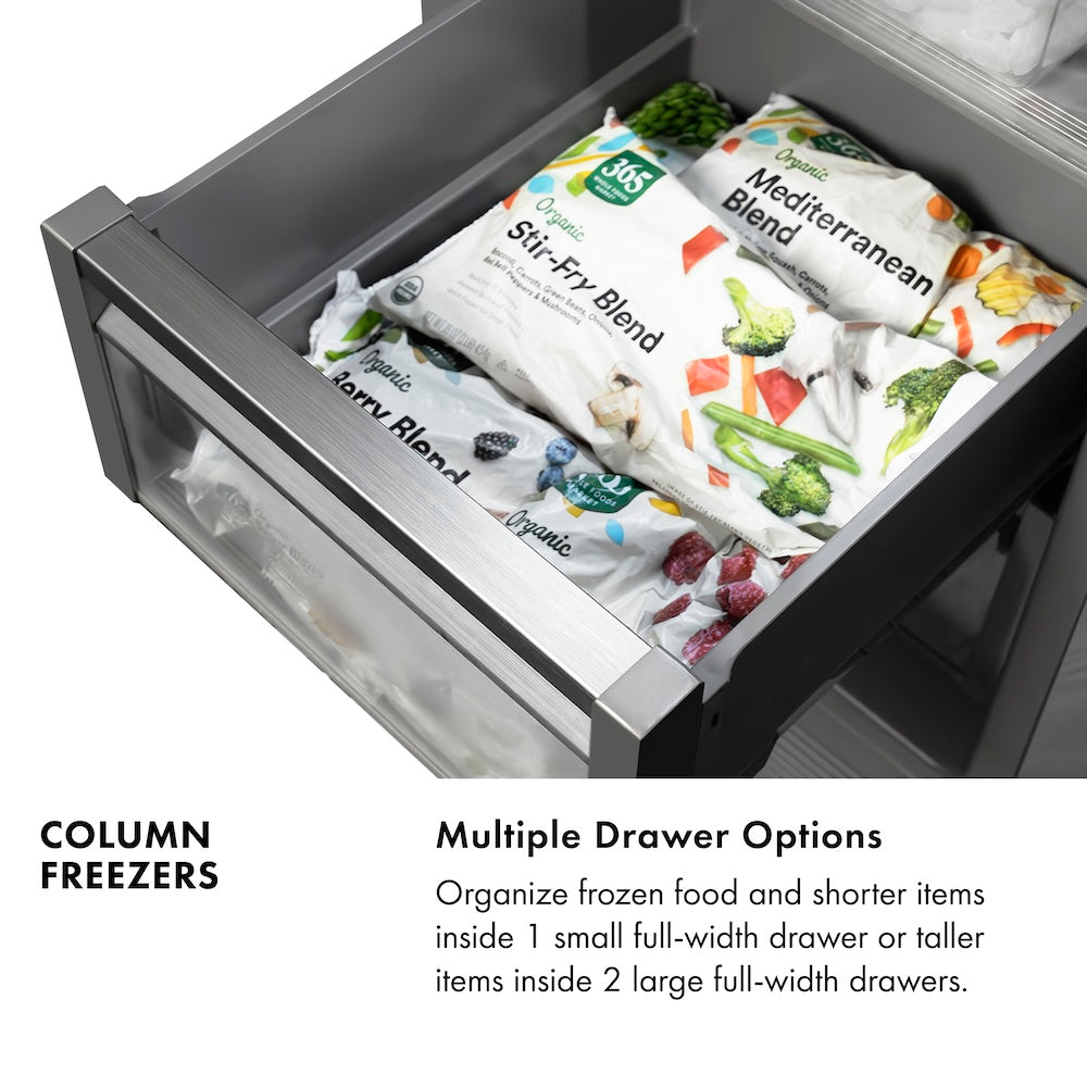 ZLINE Autograph Edition 18 Inch 8.6 cu ft Right Hinge Column Freezer - White Matte Finish with Graphite Gray Interior & Polished Gold Accents (RCFVRZ WM 18 G) | Perfect for Home Kitchen, Basement, Garage, or Commercial Use