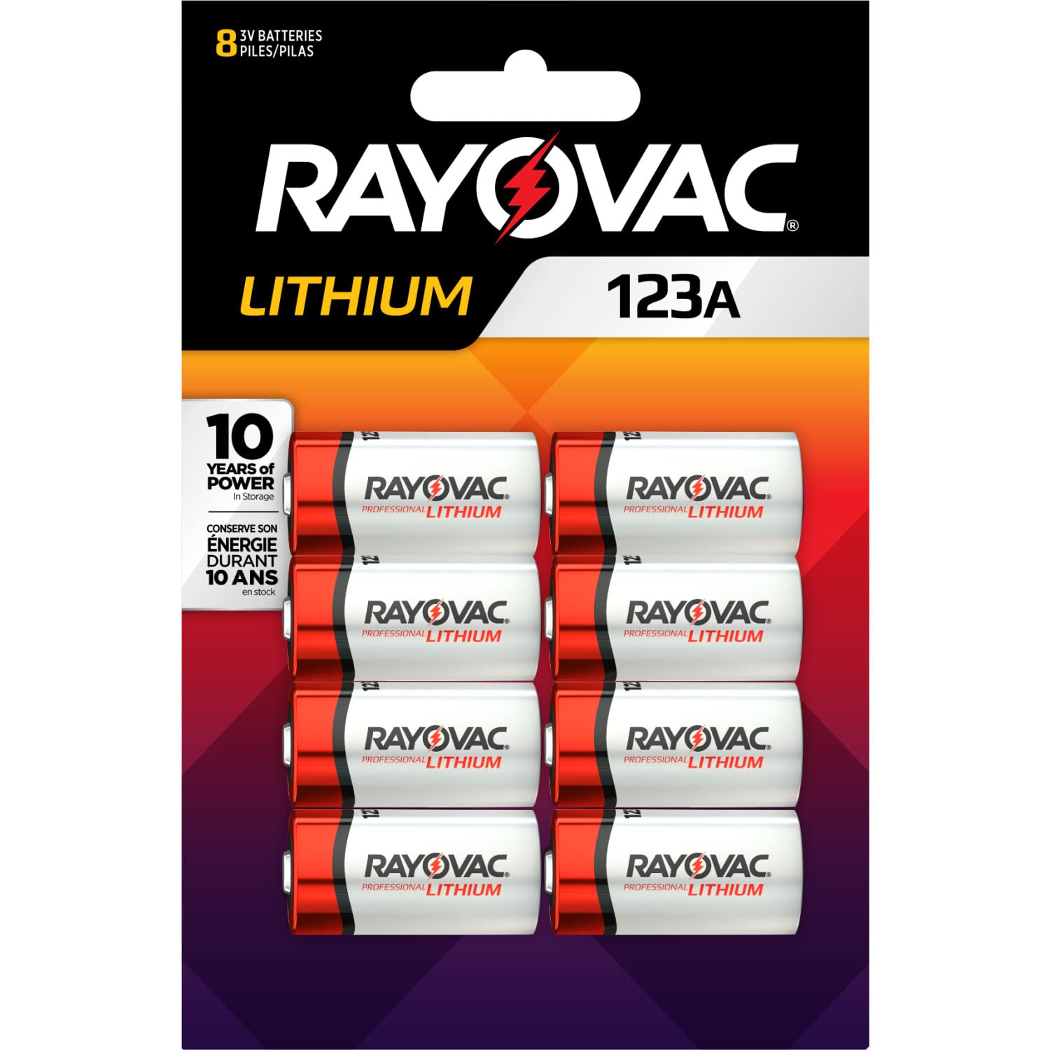 Rayovac 123A 3V Lithium Batteries - 8 Pack for Digital Cameras, Flashlights & Security Devices | Long-Lasting Power for Professional & Home Use