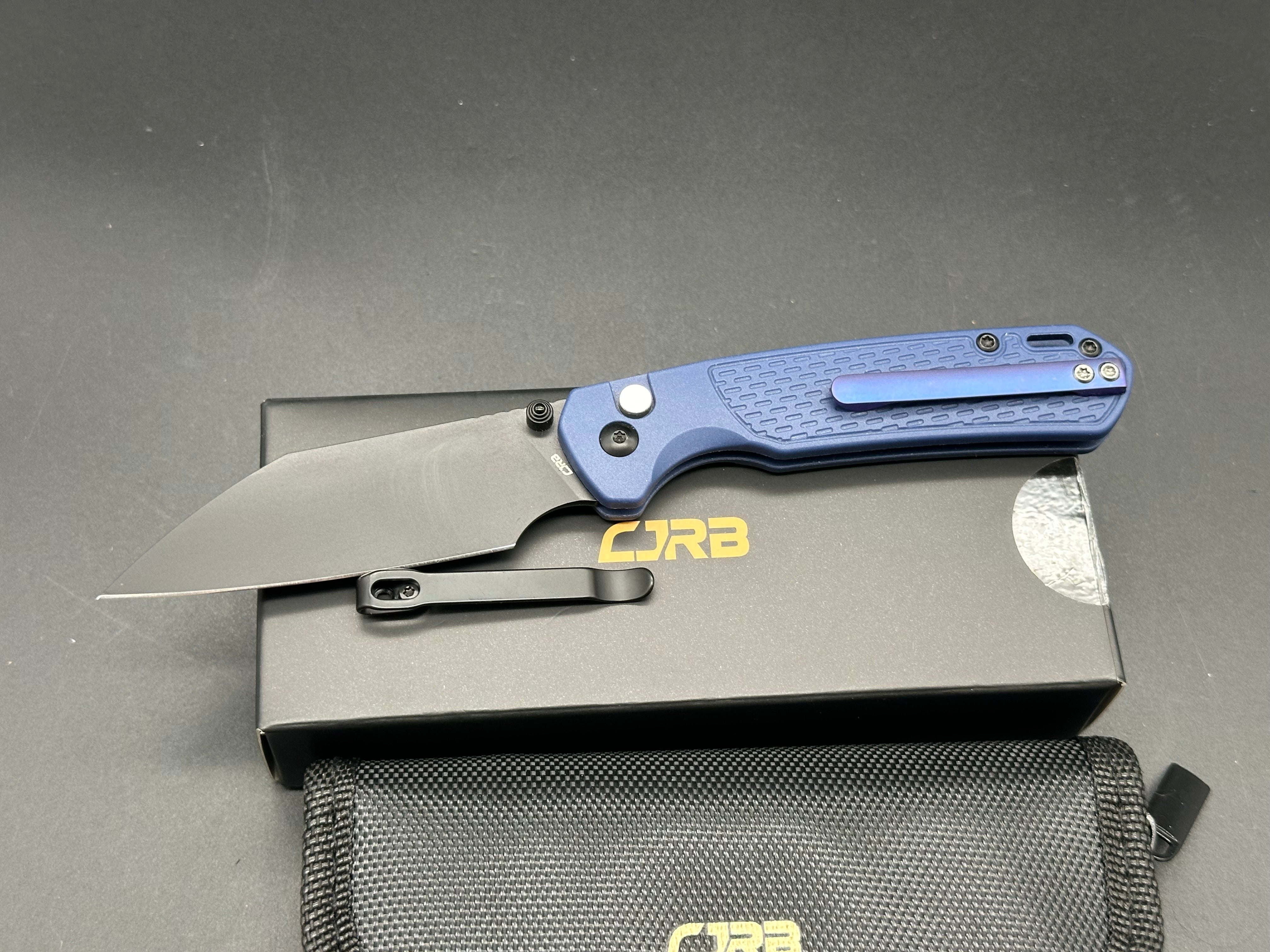 CJRB Pyrite Folding Knife - Blue FRN Scales, Blue Titanium Pocket Clip, 3.34