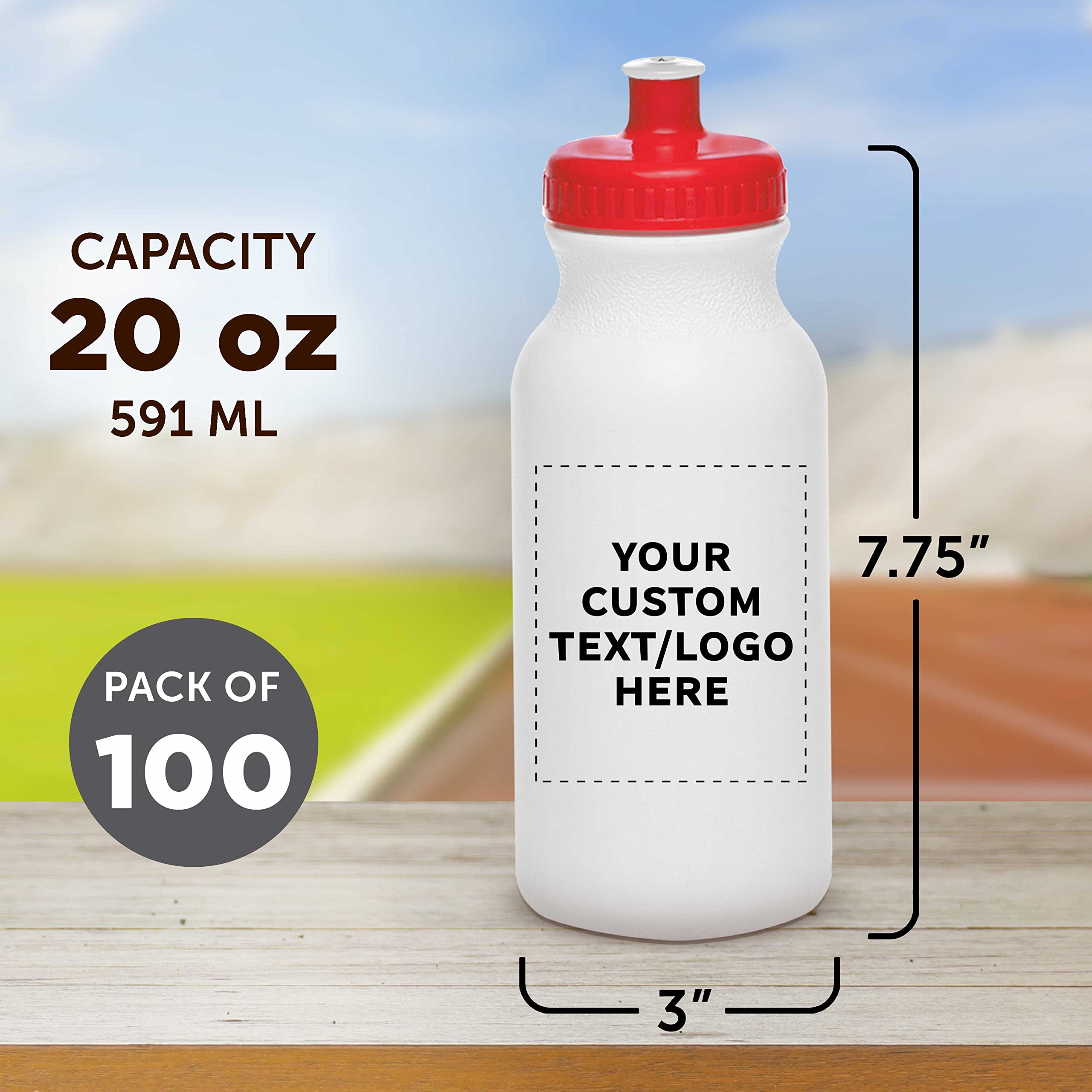 Custom White Water Bottles with Push Cap - 100 Pack, Personalized Text & Logo, 20oz BPA-Free Reusable Squeeze Bottles for Gym, Office, School & Events - Bulk Wholesale (White/Red)