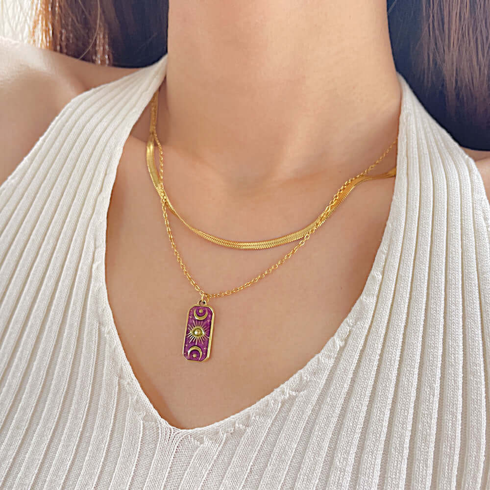 Moon Star Herringbone Pendant Chain Necklace - 18K Gold Plated Stainless Steel Jewelry for Women | GX2279 | Perfect for Date Night, Wedding & Everyday Elegance