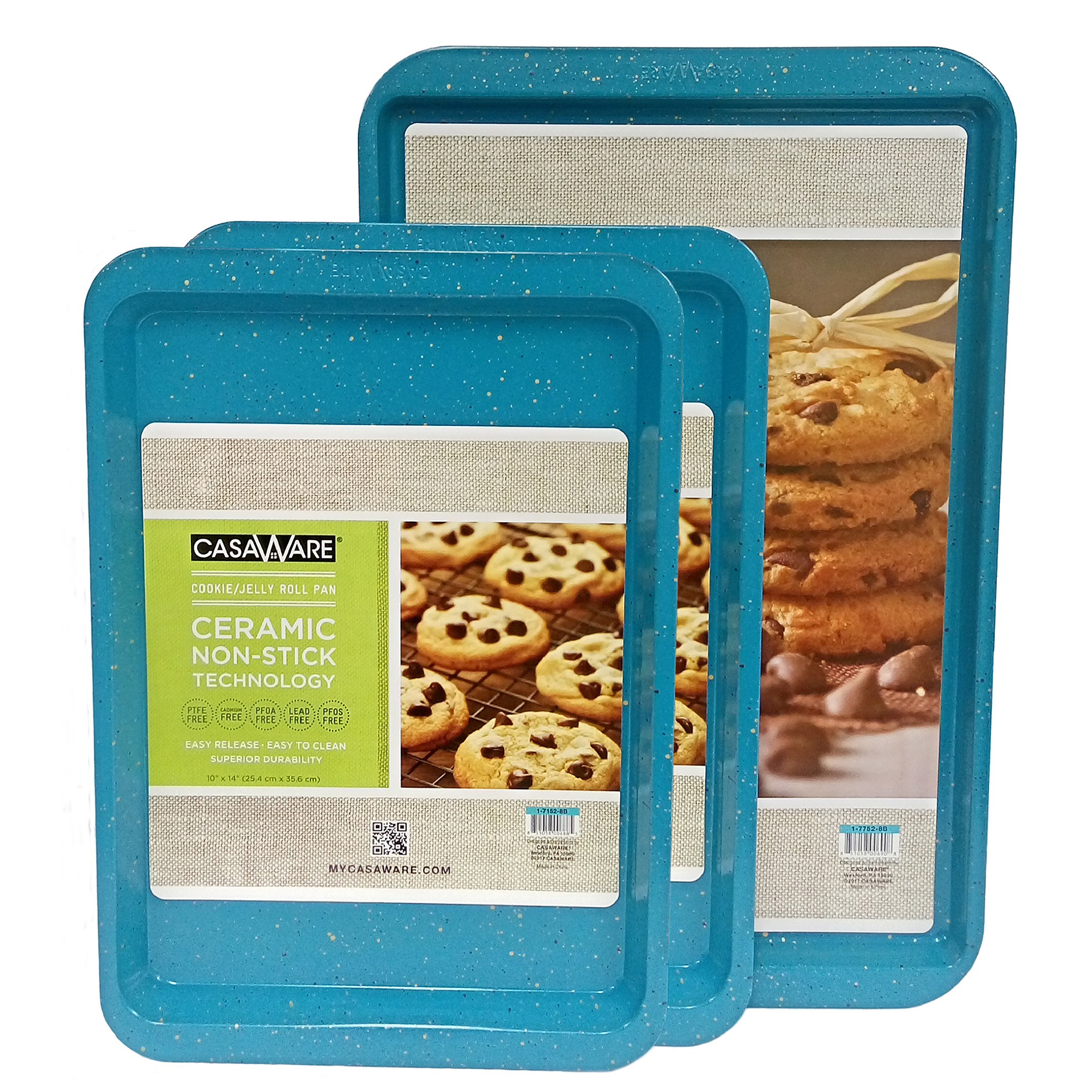 CasaWare 3-Piece Non-Stick Cookie Sheet & Jelly Roll Pan Set - Blue Granite Finish - Perfect for Baking Cookies, Cakes & Sheet Pan Meals - Oven Safe & Easy Clean
