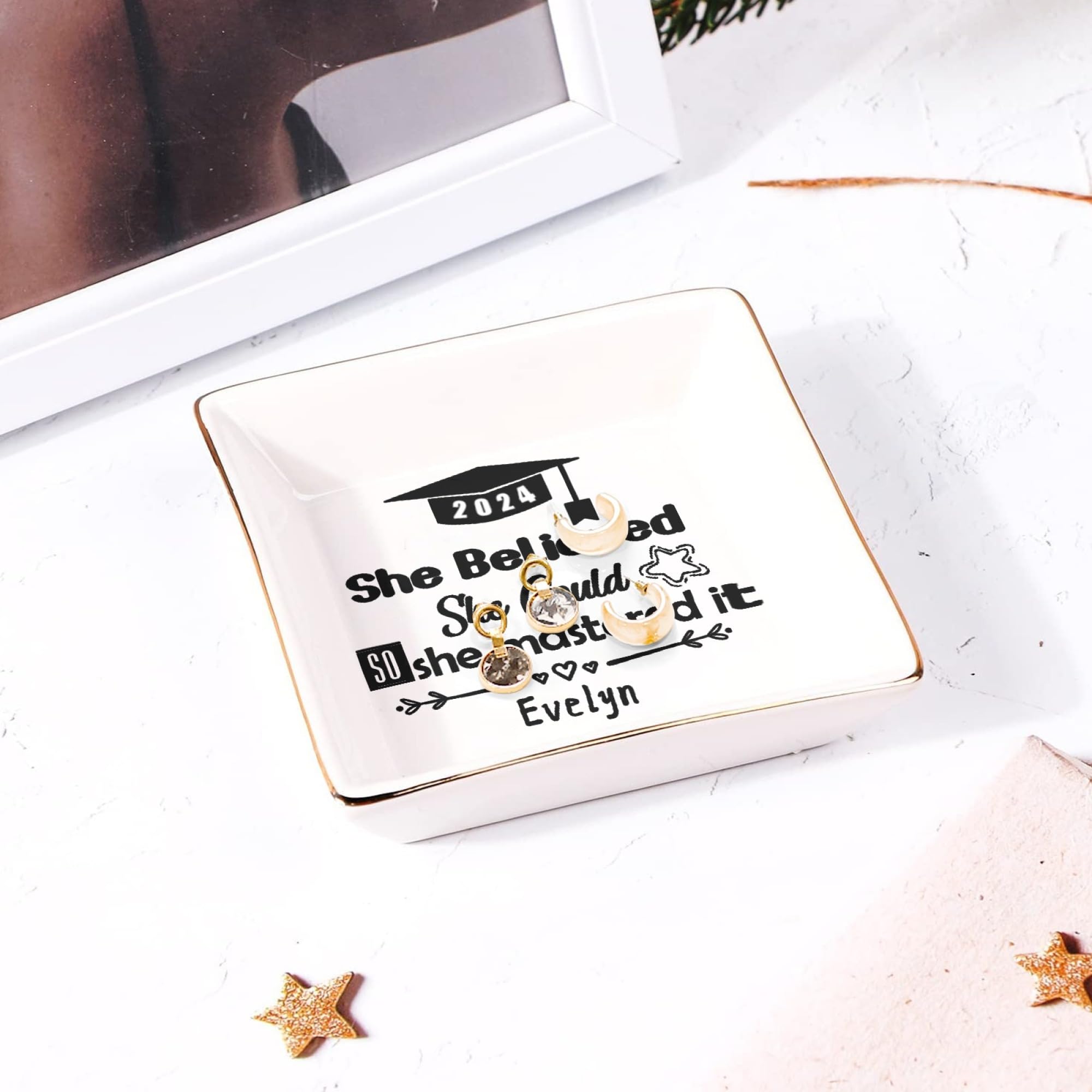 Personalized Graduation Gifts for Women - Class of 2024 Custom Ceramic Ring Dish with Inspirational Quote - High School & College Graduation Gift for Girls - Jewelry Tray & Decorative Trinket Plate - Perfect for Dorm Room, Bedside Table or Wedding Gift