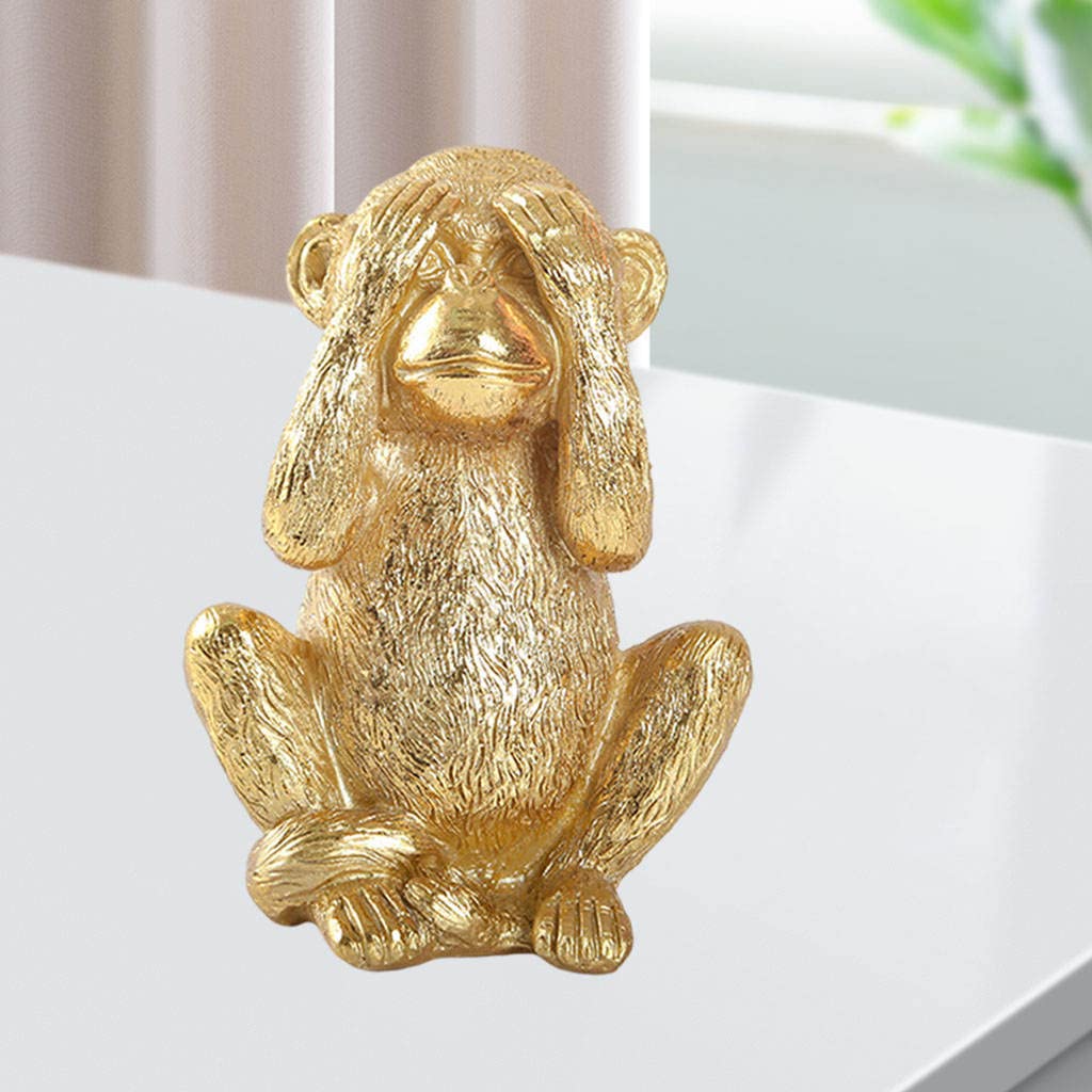 Handmade Resin Feng Shui Monkey Statue - Gold Chinese No Evil Monkey Figurine for Home Decor & Good Luck | Perfect for Living Room, Office & Gift Giving
