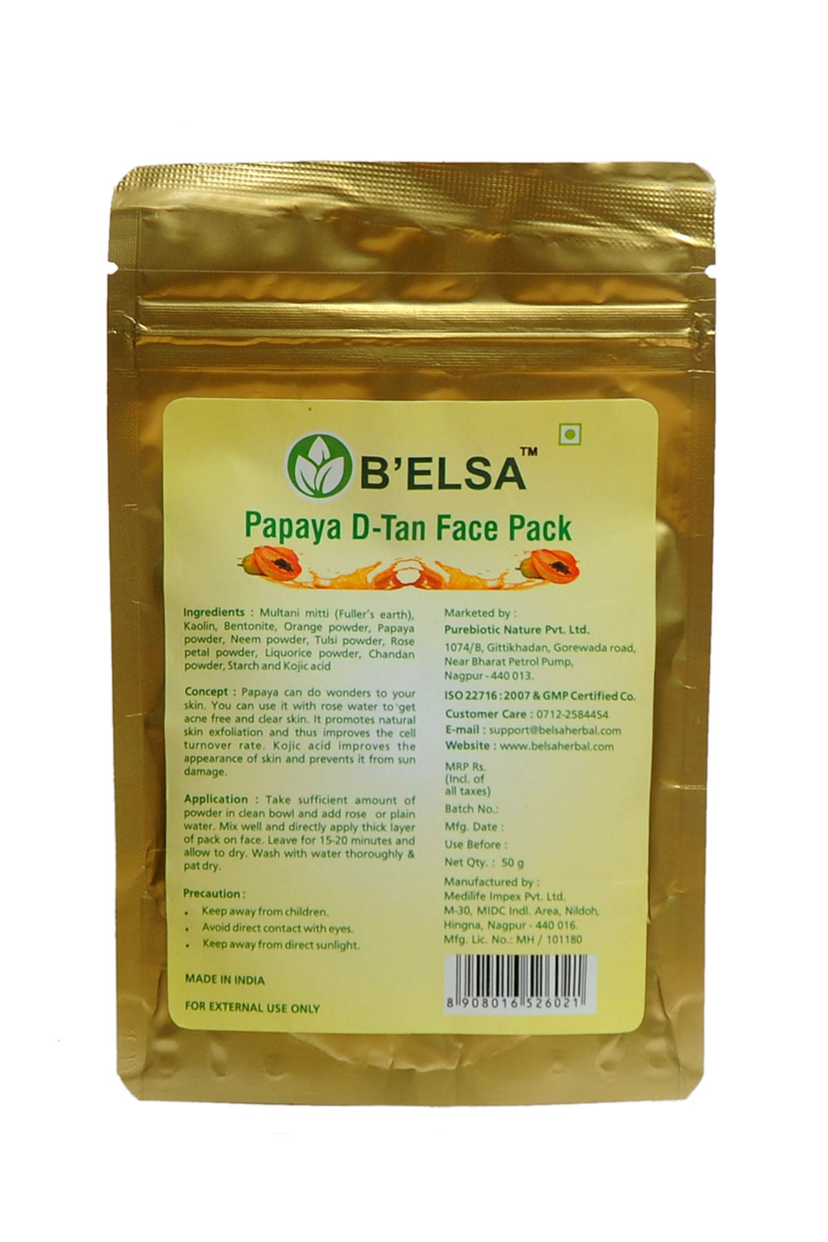 B'ELSA Papaya D-Tan Face Pack for Men & Women - Brightening & Exfoliating Facial Mask for Glowing Skin - Perfect for Daily Skincare & Dark Spot Removal