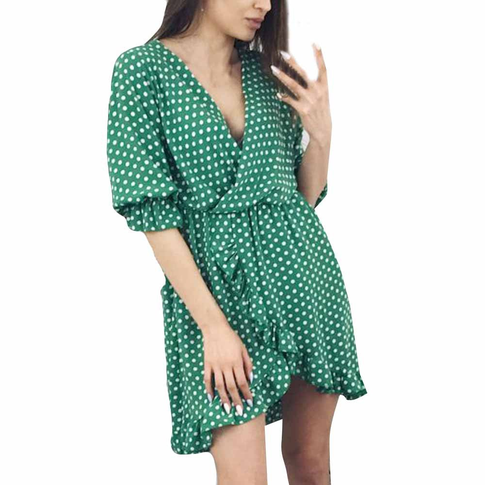 Women's Casual Summer Deep V-Neck Dot Print Ruffles Tunic Midi Dress - Flowy Boho Style for Teen Girls & Women | Perfect for Beach, Vacation, and Summer Outings