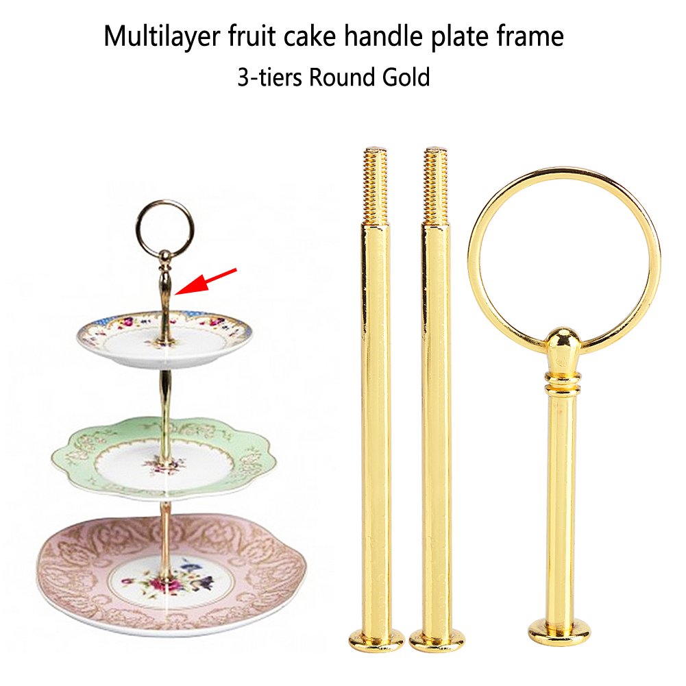 Gold Cake Plate Stand Handle - 3-Tier Cake & Fruit Display Rack with Durable Holder - Perfect for Wedding, Birthday, Dessert Tables & Buffet Serving Accessories