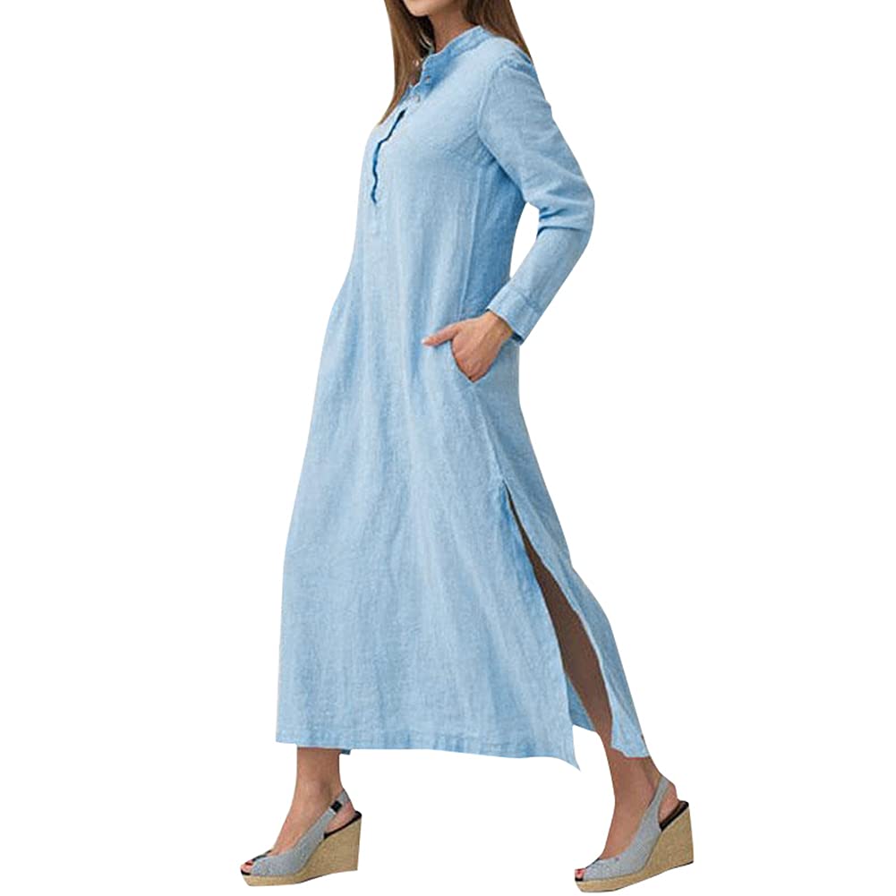 Versear Women's Long Sleeve Button Up Shirt Dress - Cotton Maxi Beach Dress with Side Split & Pocket | Casual Summer Outfit, Vacation Wear, Office to Evening Style