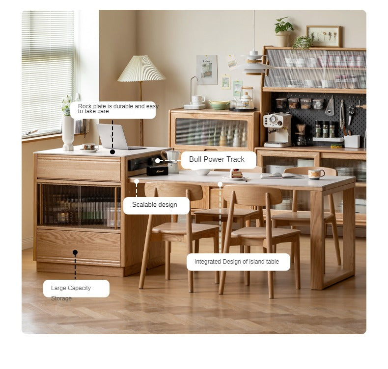 Solid Oak Wood Kitchen Island with Extendable Table and Retractable Cutting Board - Perfect for Small Kitchens, Dining, and Food Prep