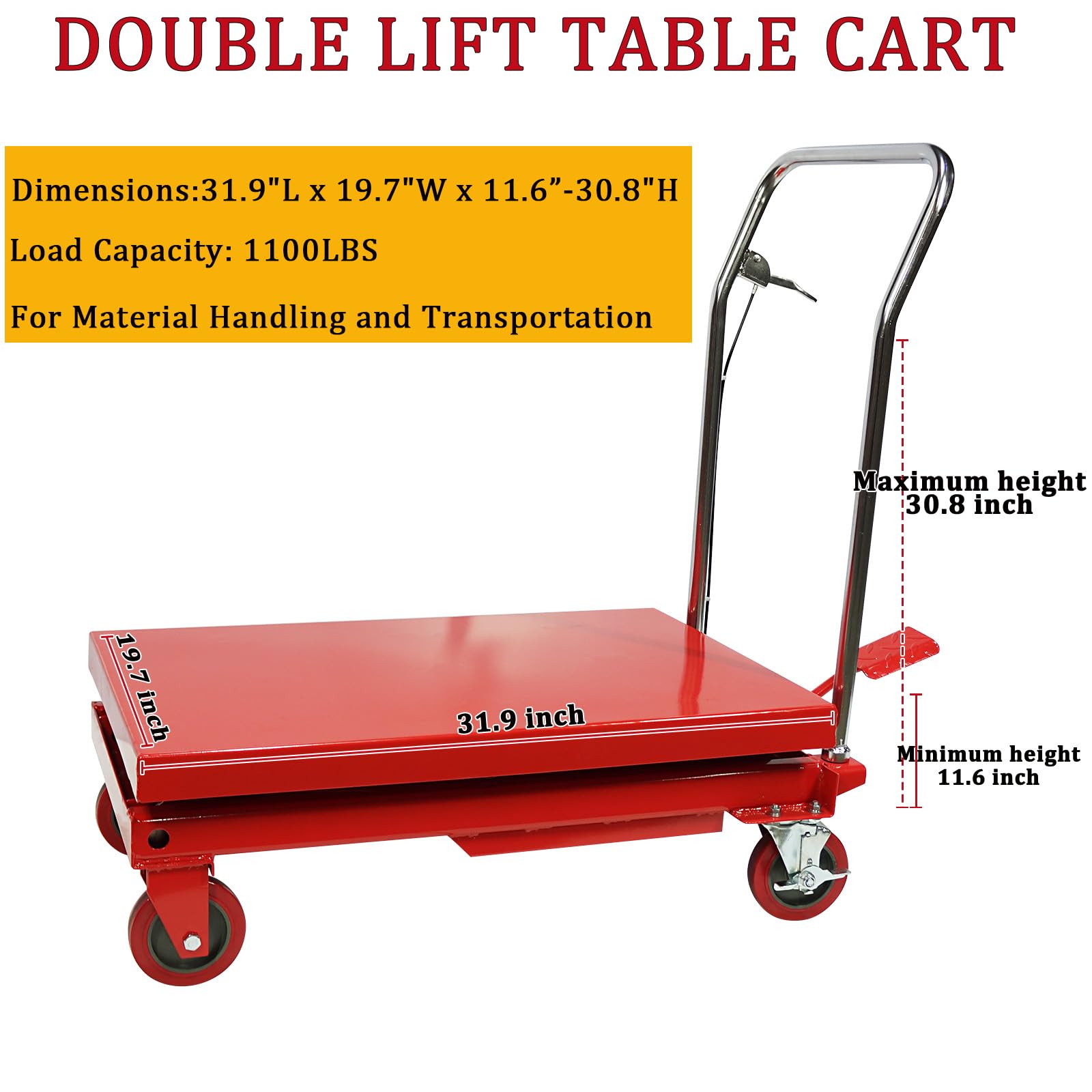 1100LBS Hydraulic Lift Table Cart - Double Scissor Lift with 30.8