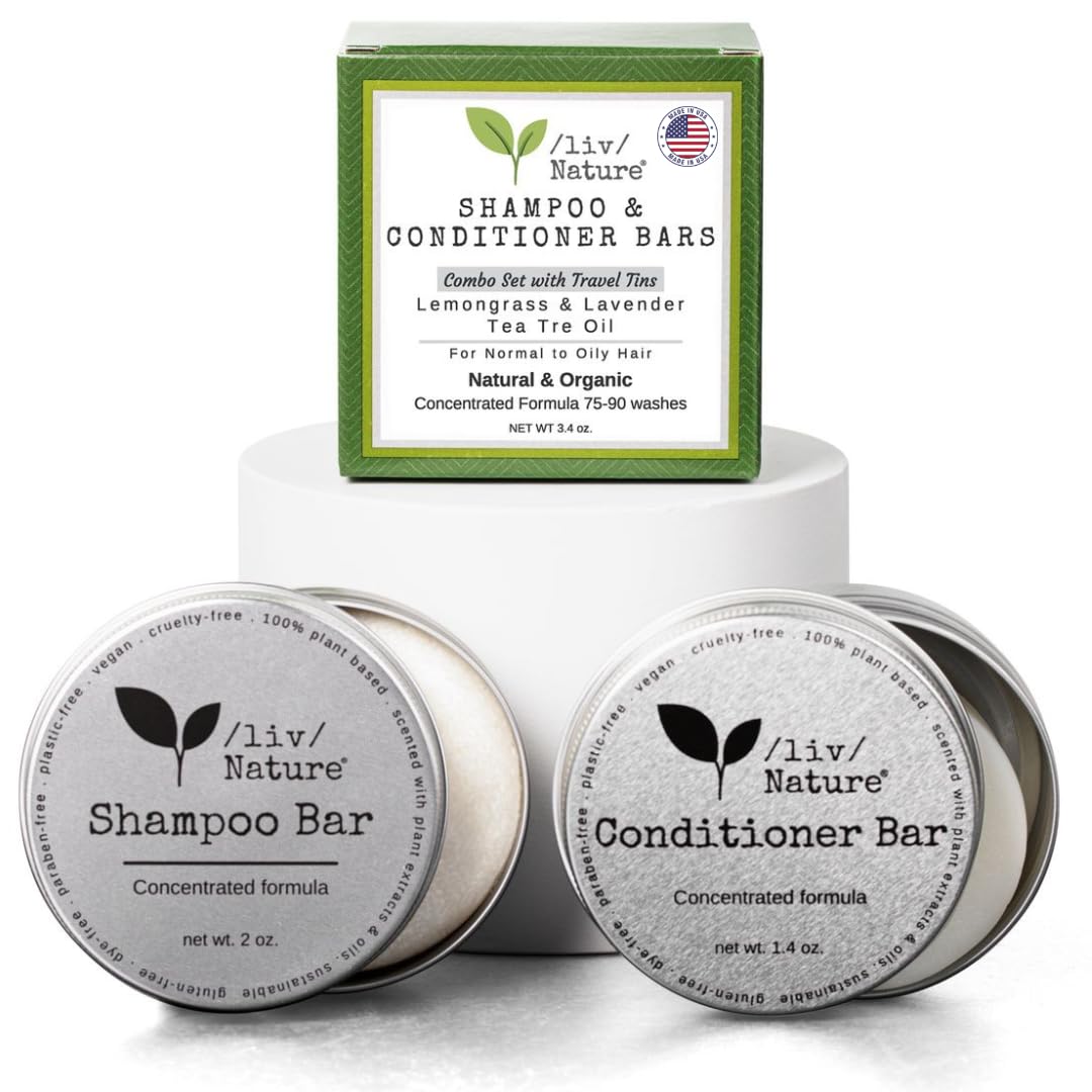 **Organic Shampoo Bar & Conditioner Set with Travel Tins - Lemongrass, Lavender & Tea Tree Oil for Oily Hair - Clarifying & Hair Growth Treatment - USA Made 2-Pack - Perfect for Travel, Gym & Eco-Friendly Lifestyle**