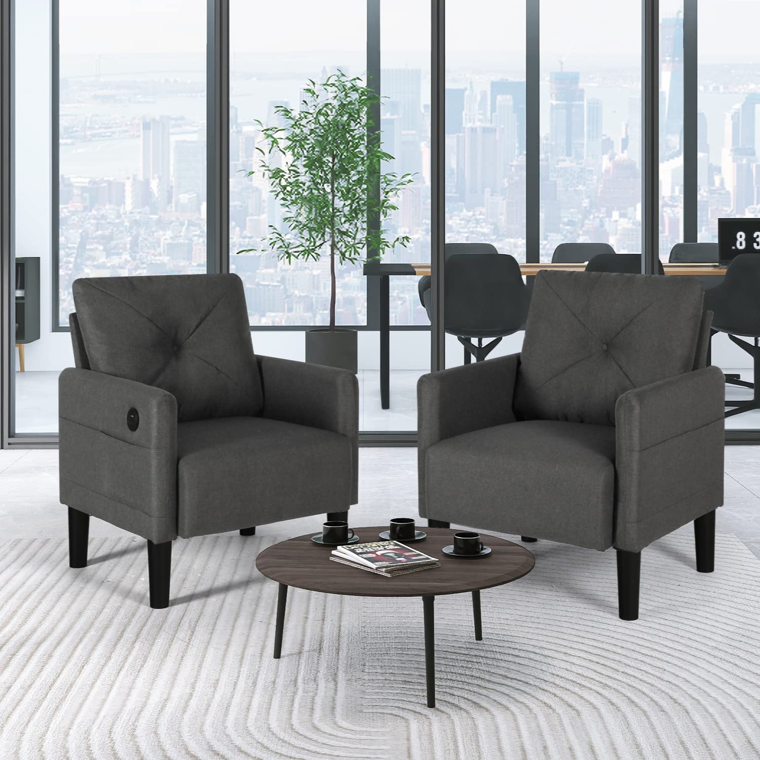YIGOBUY 2-Piece Linen Fabric Accent Chair Set with USB Charging Ports - Comfy Armchair for Living Room, Bedroom, Office & Reading - Modern Single Sofa Chair for Home Decor & Relaxation - Perfect for Small Spaces, Apartments & Cozy Corners