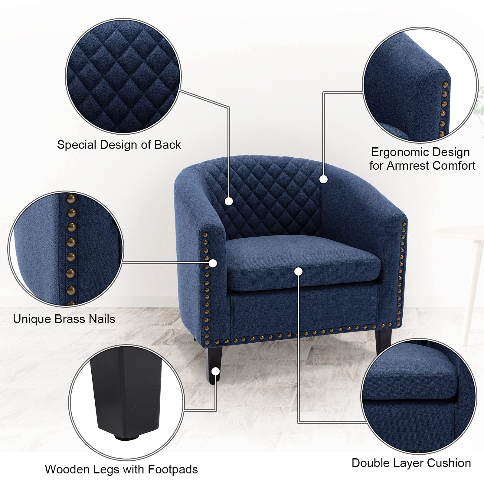 Modern Mid-Century Accent Barrel Chair with Nailhead Trim & Solid Wood Legs - Navy Linen Fabric Armchair for Living Room, Bedroom, Office - Comfortable Lounge Chair for Relaxing, Reading & Entertaining
