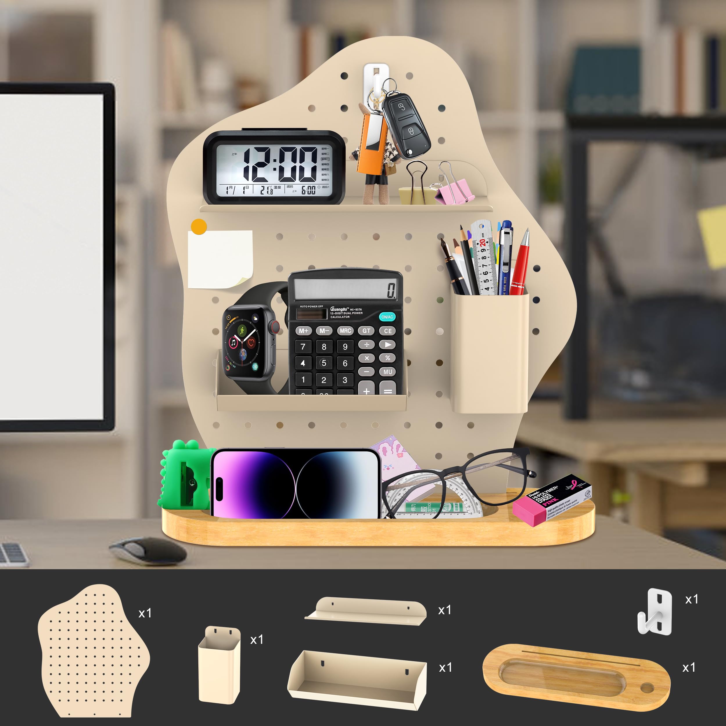 Solid Wood Pegboard Desk Organizer with Hooks - Wall Mounted Desktop Shelf for Office, Dorm & Home - Perfect for Storing Stationery, Art Supplies & Tools (Coral Style, 1-Piece) | Ideal for Workspace Organization & Craft Room Storage