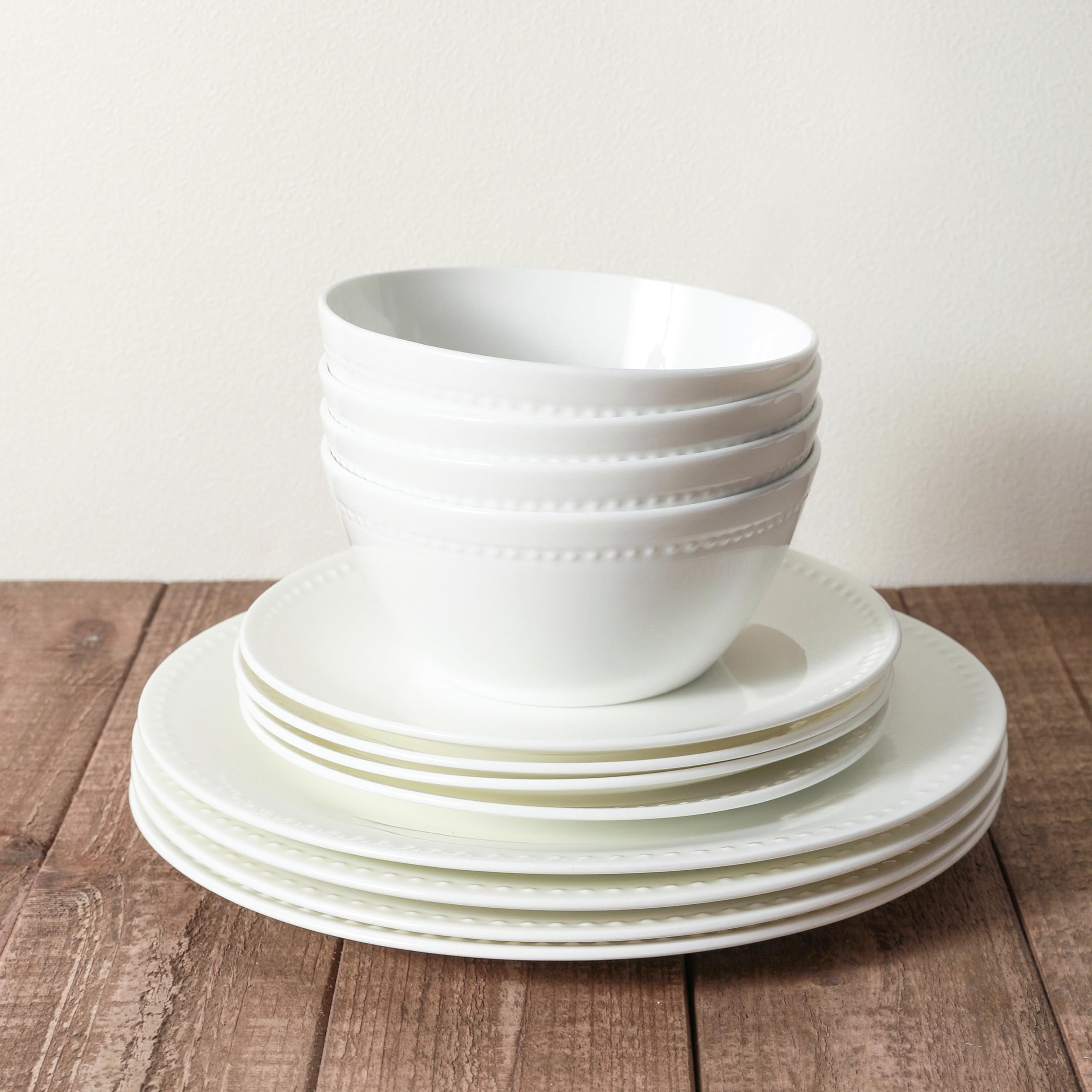 Premium Stone Lain Bone China 16-Piece Dinnerware Set - Elegant Pinpoint Embossed White Porcelain Tableware for Formal Dining, Wedding Registry & Special Occasions