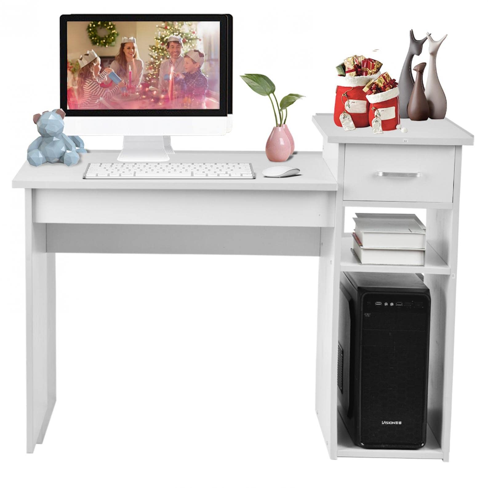 XIANGMIHU Small White Computer Desk with Drawers & Hutch - Compact Laptop Desk for Teens, Homework & Office Work - Perfect Corner Desk for Small Spaces & Dorm Rooms