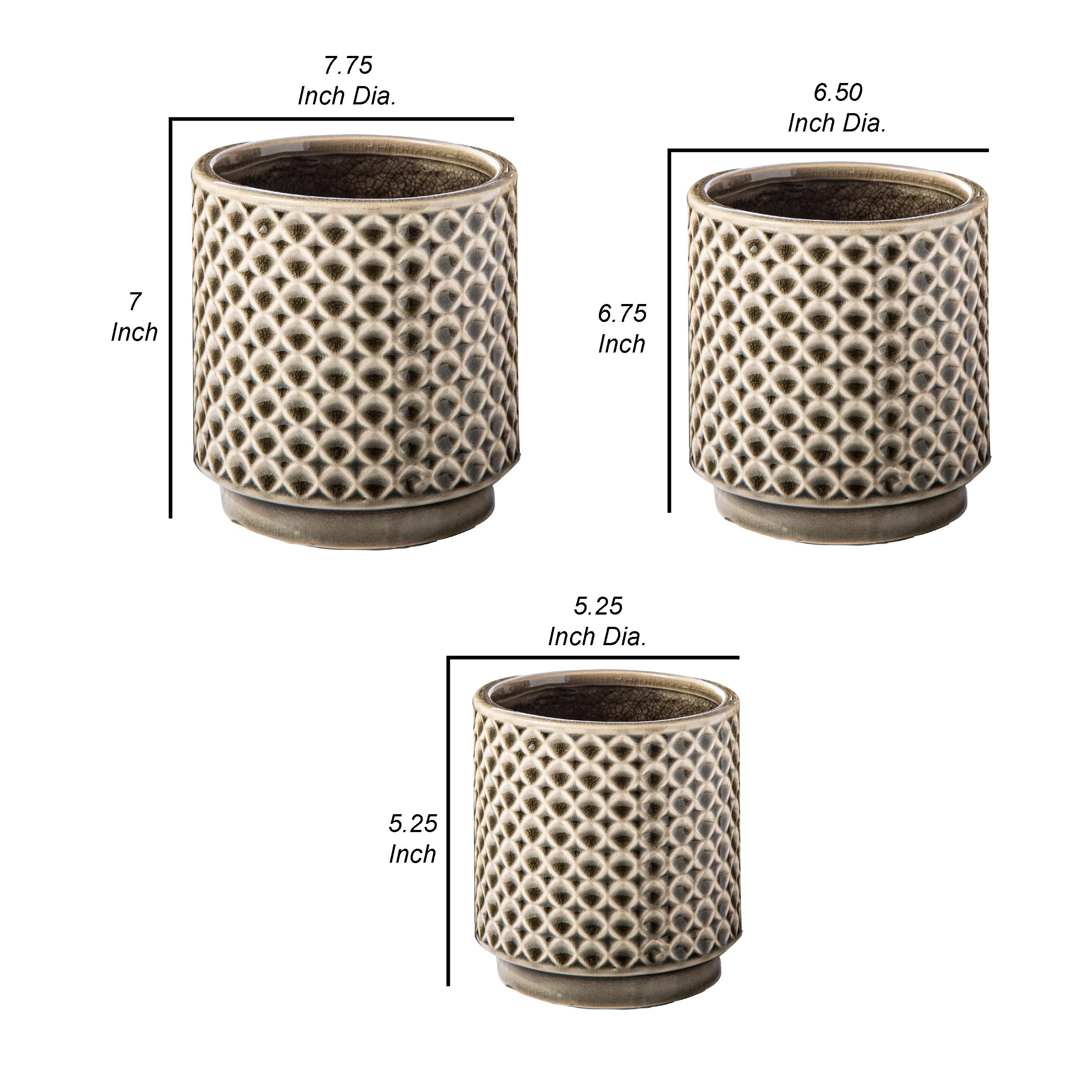 Benjara 7 Inch Round 3 Piece Ceramic Pot Set with Clover Links Pattern, Beige - Perfect for Indoor Plants, Home Decor, and Kitchen Storage | Durable & Stylish Flower Pots for Succulents, Herbs, and Small Plants