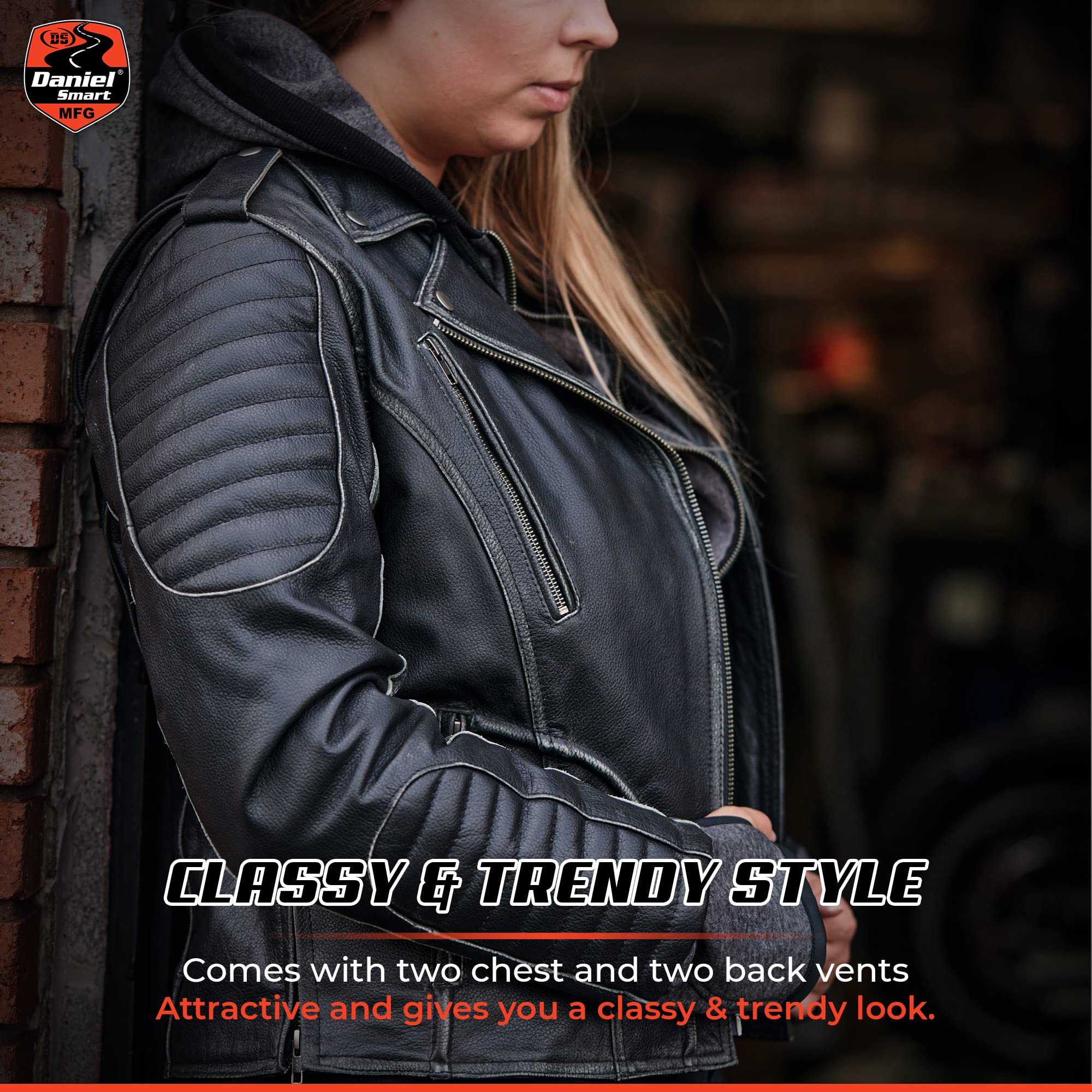 Premium Black Lambskin Leather Motorcycle Jacket for Women - Daniel Smart Biker Jacket with Removable Hood & Armor Pockets | Riding, Street Fashion, Outdoor Adventures