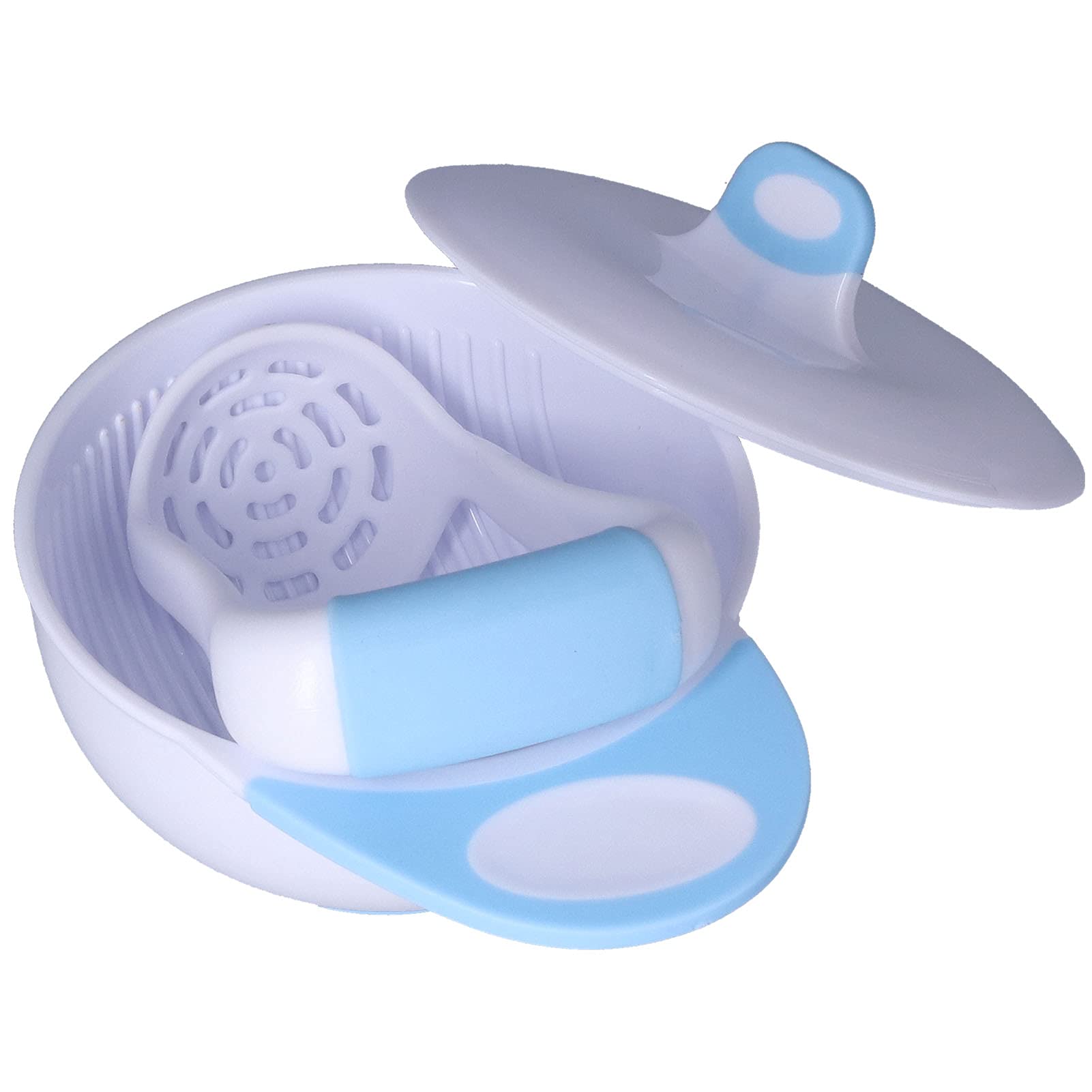 **Baby Food Masher & Serve Bowl Set - Safe, Hygienic Non-Slip Handle with Lid - Thickened Arc-Shaped Grinding Rod for Vegetable Puree - Perfect for Homemade Baby Food & Toddler Meals (Blue with Cover)**