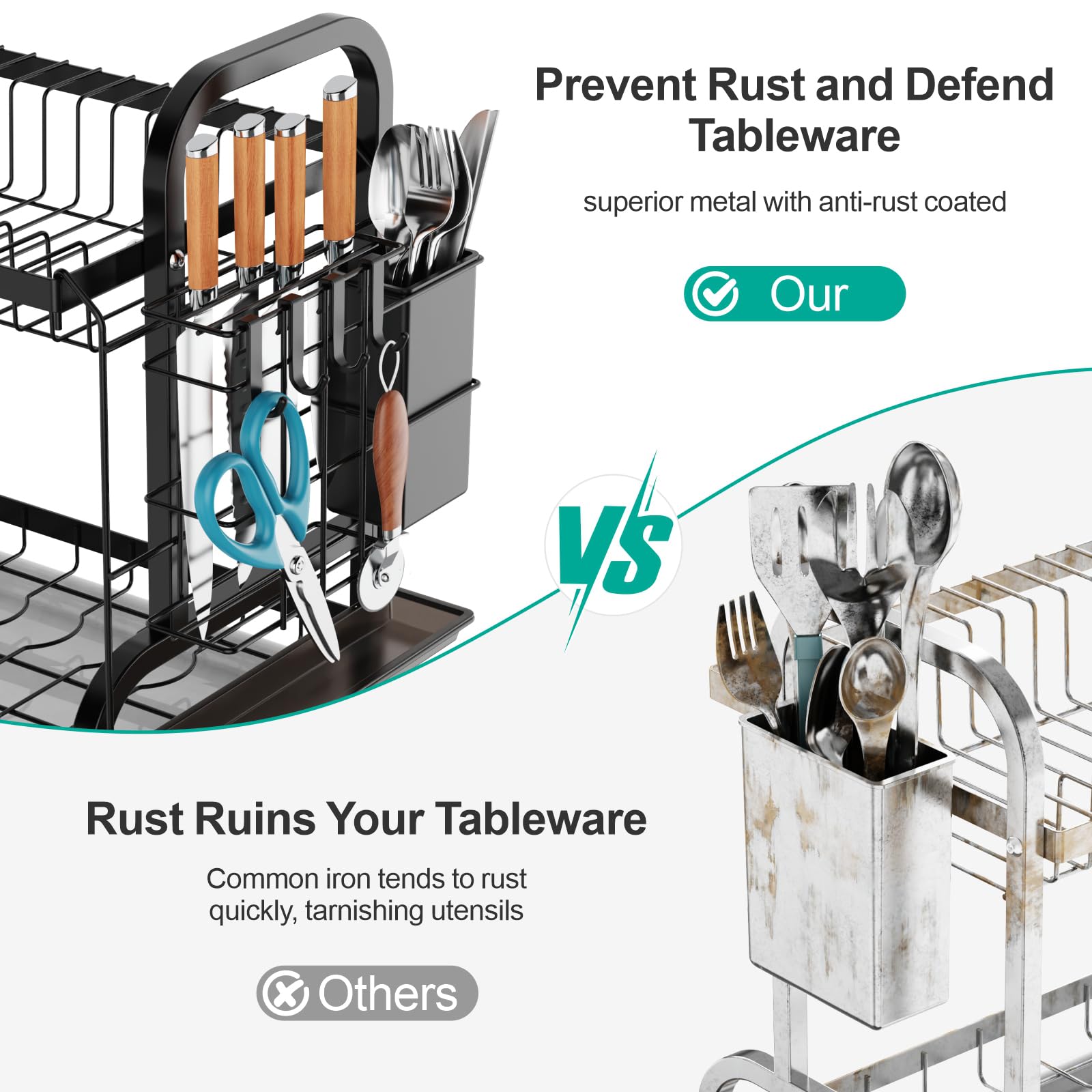 Swedecor 2-Tier Dish Drying Rack - Rust-Resistant Small Dish Drainer with Drain Spout & 4 Hooks Utensil Holder for Kitchen Countertop Space Saving - Perfect for Small Kitchens, Apartments & RVs - Black