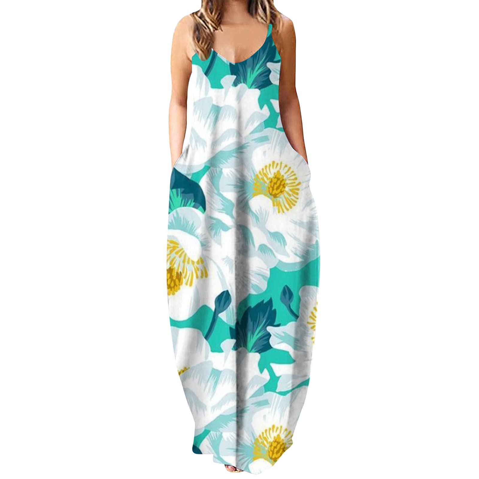 Women's Summer Casual Sleeveless V-Neck Loose Beach Sundress - Flowy Comfortable Spring Dress for Outdoors, Vacation & Beach Wear