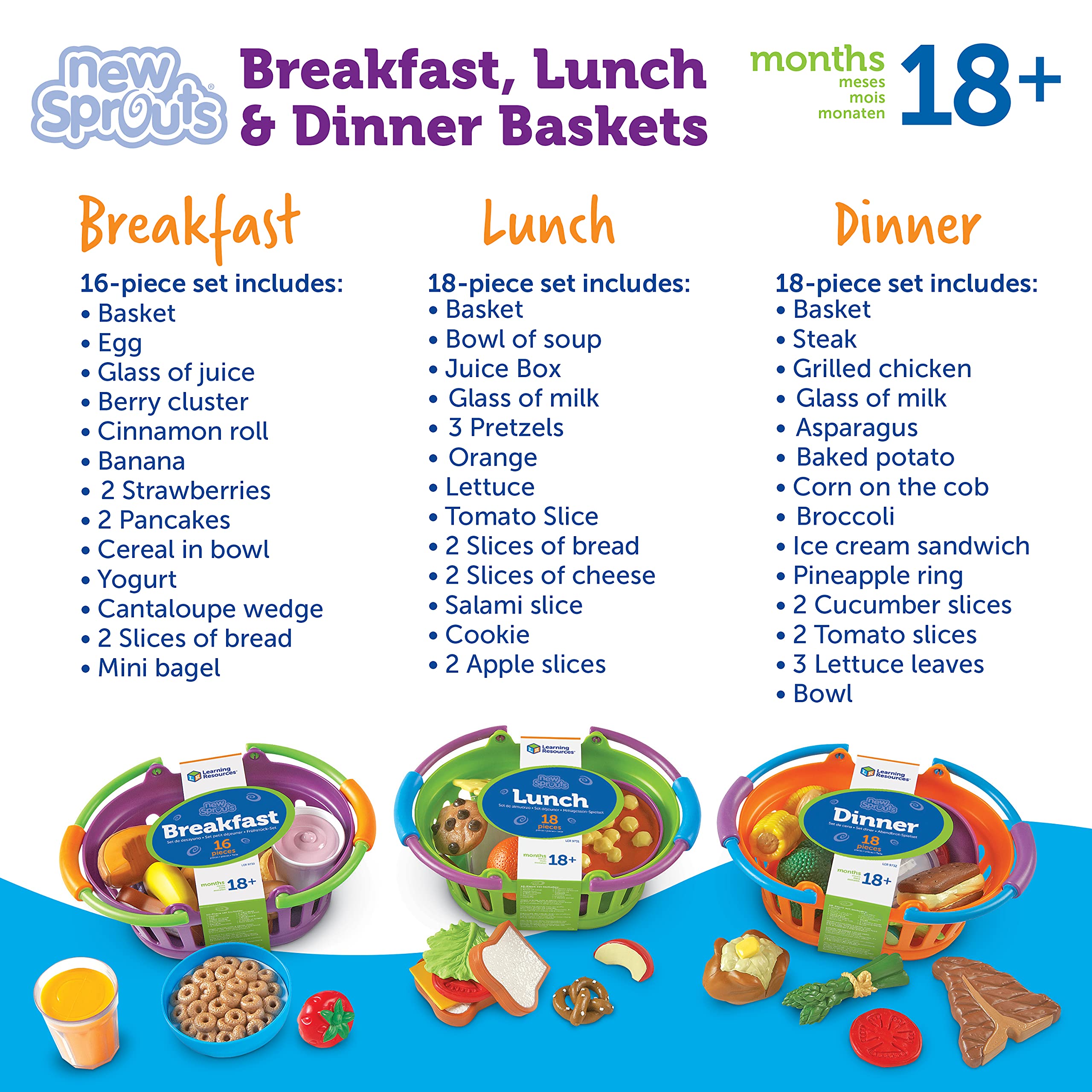 Learning Resources New Sprouts Pretend Play Food Bundle - 3 Sets (Breakfast, Lunch & Dinner) | Educational Toddler Toys for Ages 18+ Months | Supermarket Role Play, Kitchen & Preschool Learning Activities