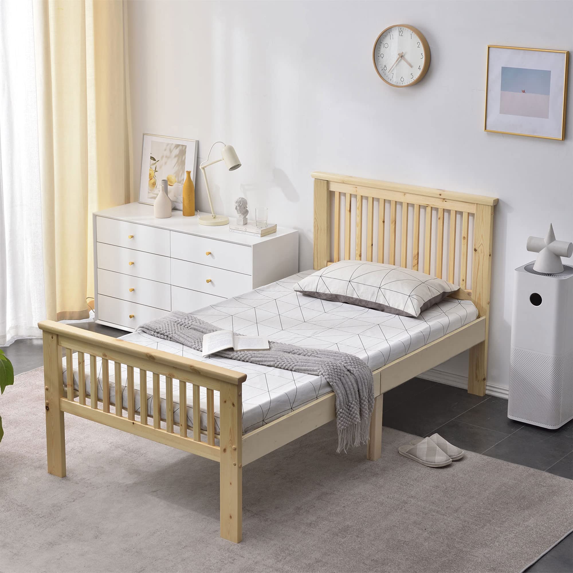 Ariel Twin Solid Wood Platform Bed with Headboard - Pine Wood Twin Size Bed Frame - No Box Spring Required - Easy Assembly (Natural Finish) - Perfect for Kids Rooms, Guest Bedrooms & Small Spaces