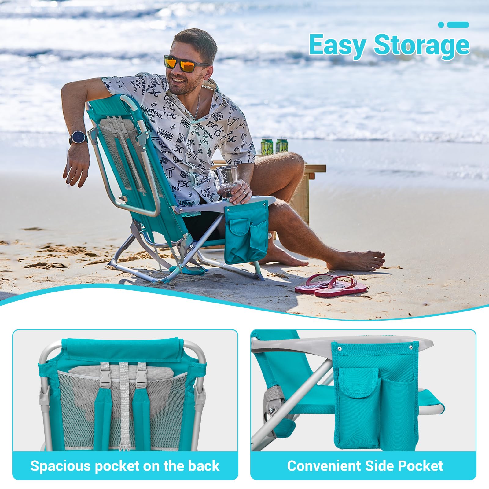 WEJOY 4-Position Aluminum Folding Beach Chair for Adults - Lightweight Low Sand Chair with Shoulder Strap, Cup Holder & Padded Headrest - Supports 265lbs - Perfect for Beach, Lawn, Camping & Outdoor Relaxation (Cyan Pattern)
